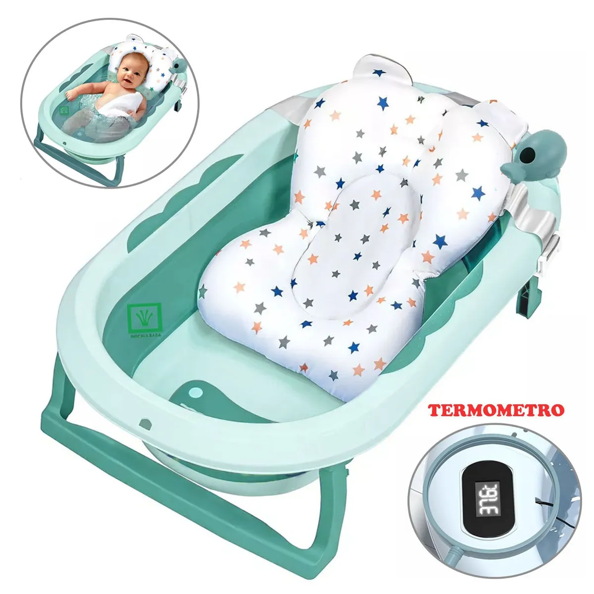 BAÑERA TINA DE BAÑO PLEGABLE BALLENITA CON TERMÓMETRO VERDE - 1