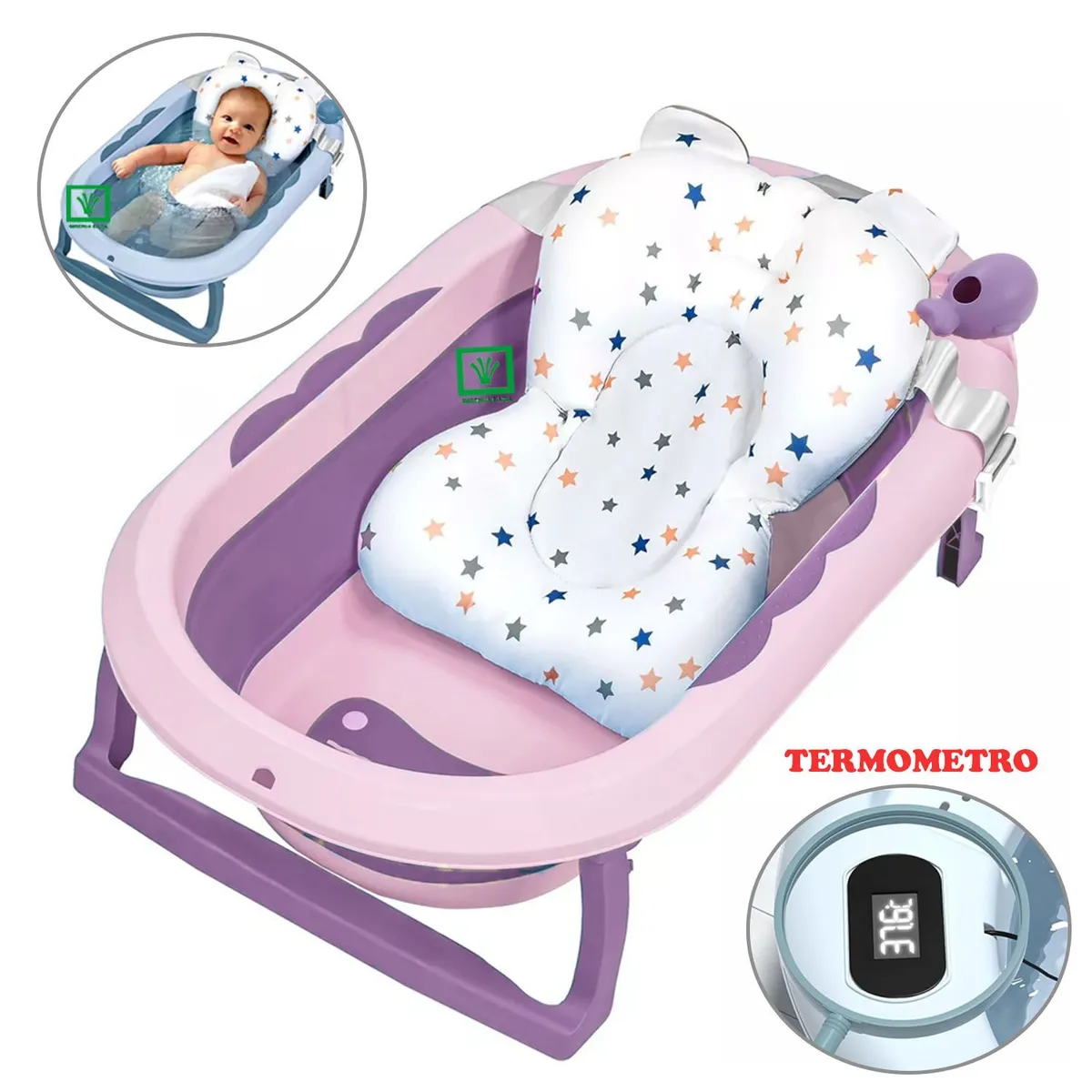BAÑERA TINA DE BAÑO PLEGABLE BALLENITA CON TERMÓMETRO MORADO - 1
