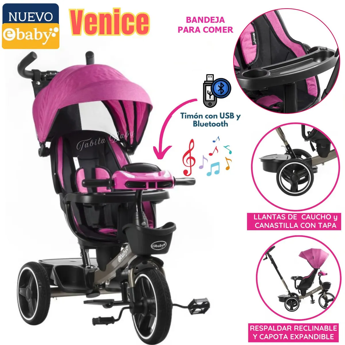 TRICICLO GUIADOR PARA NIÑOS USB Y BLUETOOH VENICE ROSADO - 1