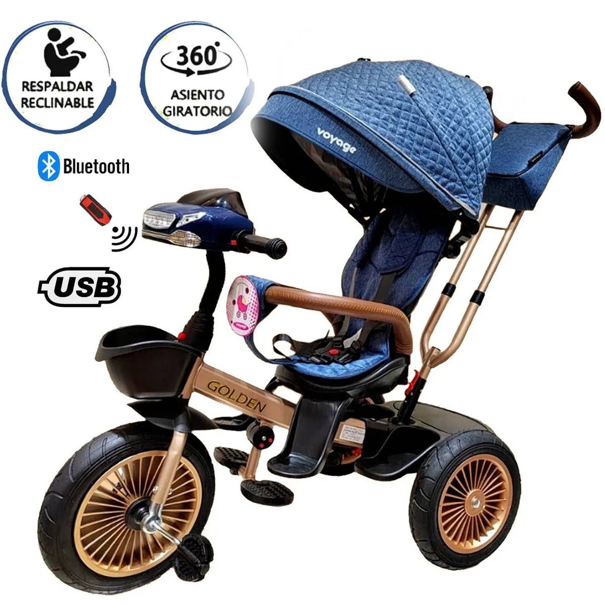 TRICICLO ASIENTO GIRATORIO VOYAGE GOLDEN CON TELA UV AZUL - 1
