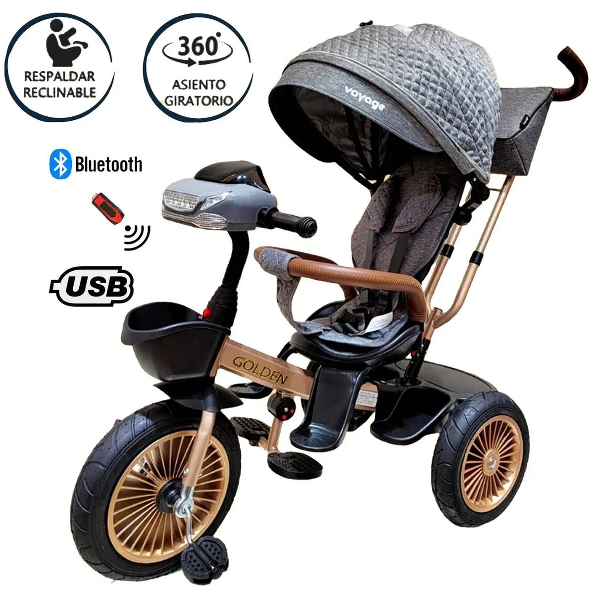TRICICLO ASIENTO GIRATORIO VOYAGE GOLDEN CON TELA UV GRIS - 1