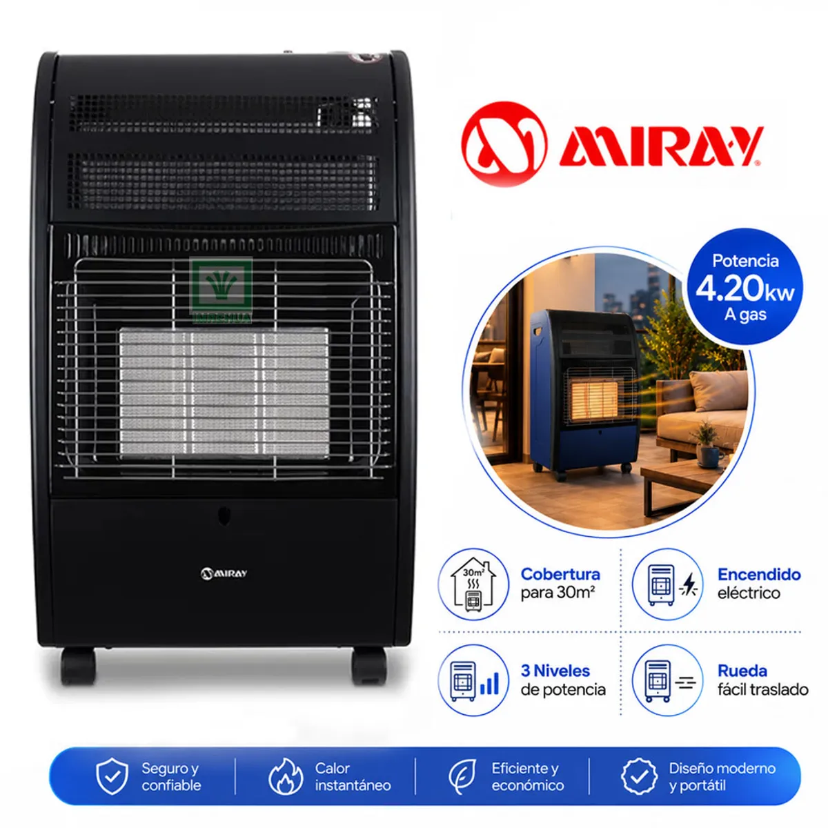 ESTUFA A GAS MIRAY EGM-72 4.20KW NEGRO 30M2 - 1