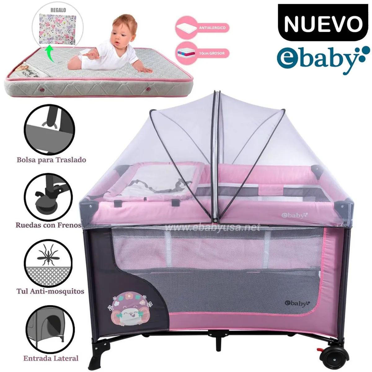 CUNA CORRAL EBABY CON CAMBIADOR HAPPY DREAM ROSADO+COLCHÓN - 1