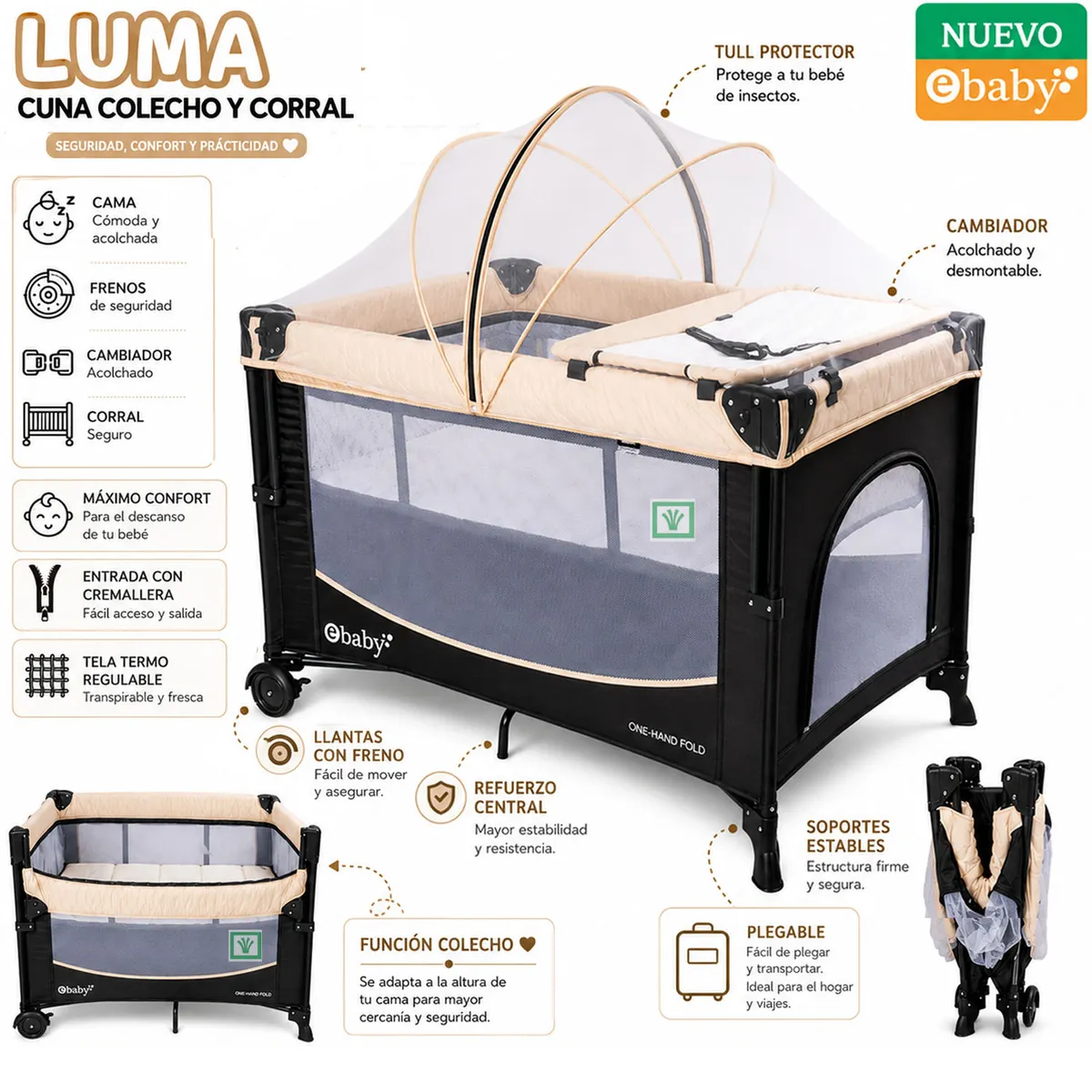 CUNA COLECHO LUMA EBABY EB771 BEIGE - 1