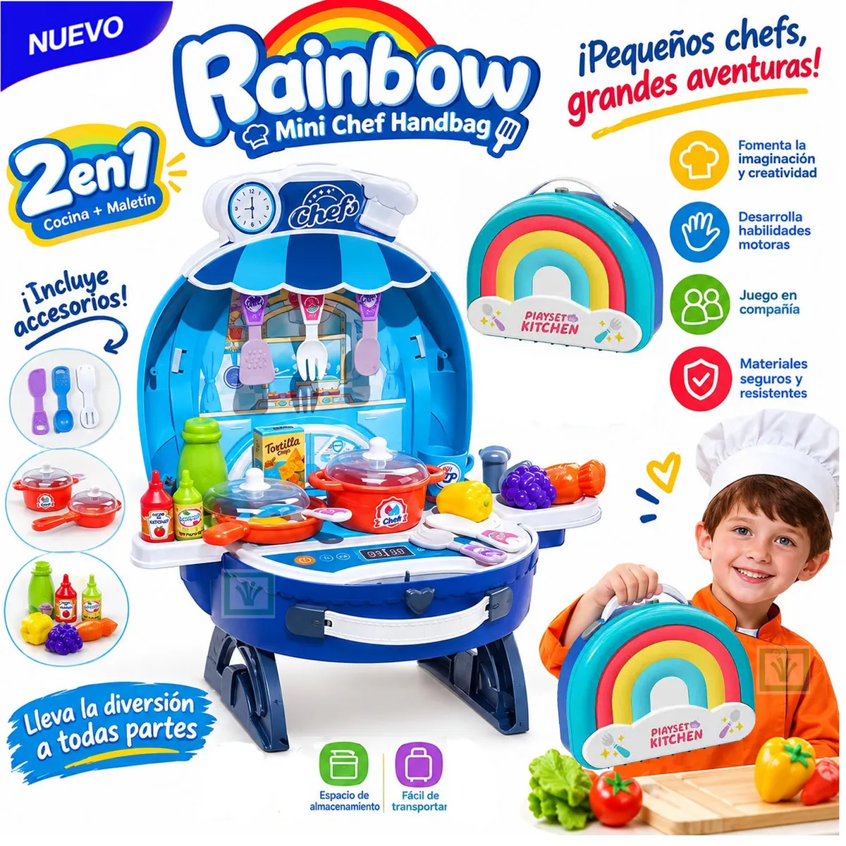 COCINA DE JUGUETE PORTÁTIL 2 EN 1 CON ACCESORIOS ARCOIRIS 008-507A NIÑO - 1