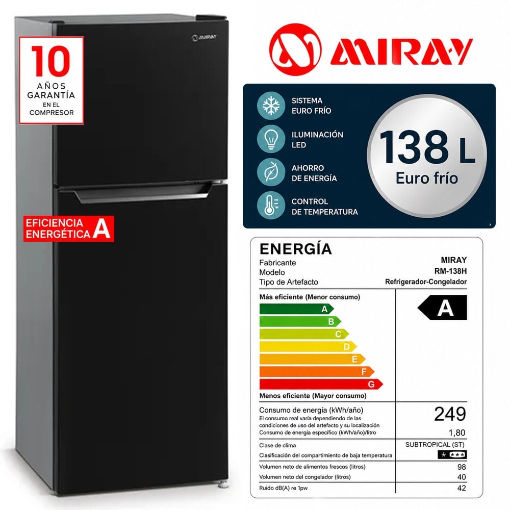 REFRIGERADORA MIRAY RM-138H EUROFRÍO 138L NEGRO - 1