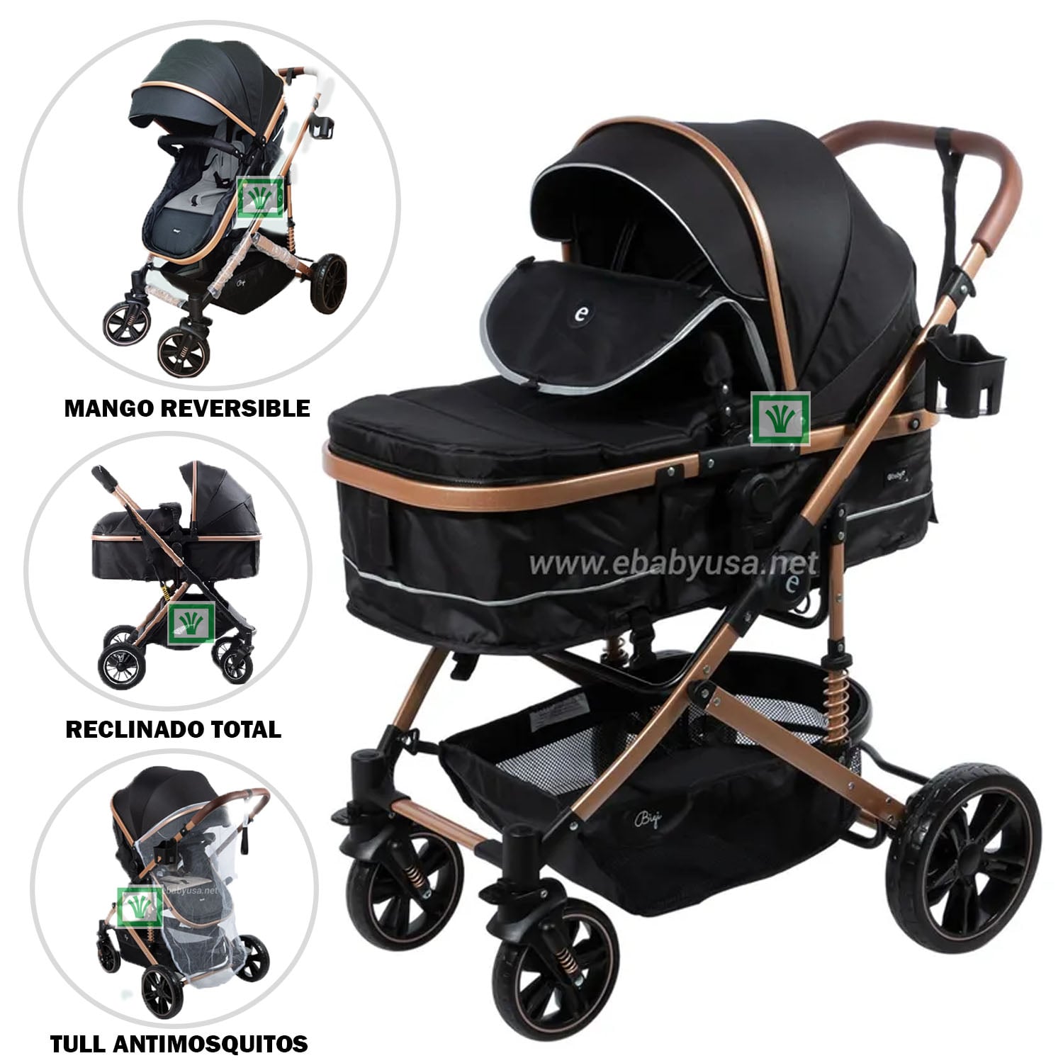 NUEVO COCHE MOISES PARA BEBE BIGI CON MANGO REVERSIBLE NEGRO - 1