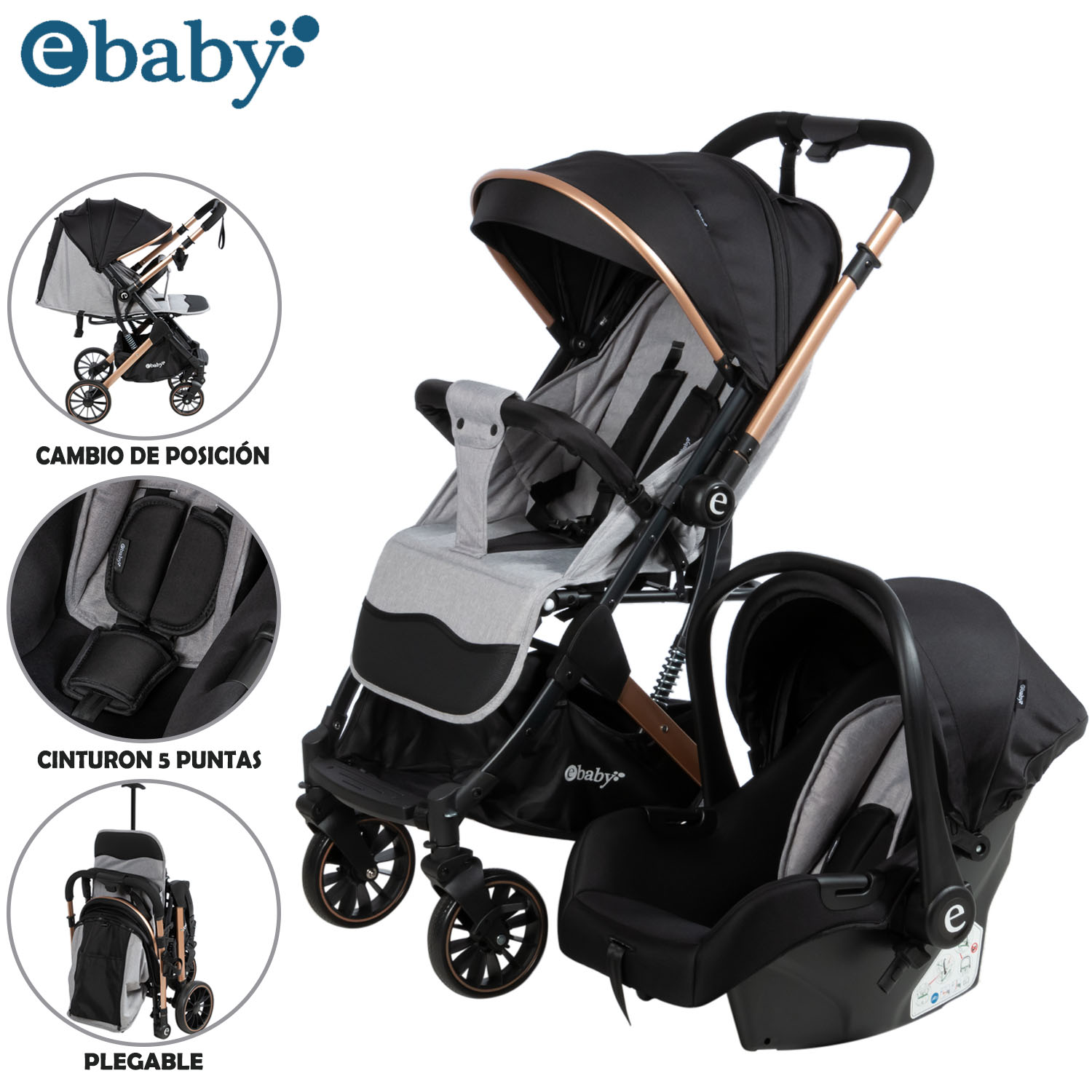 COCHE MOISÉS TRAVEL SYSTEM EBABY «SPARROW» PORTA BEBÉ GRAY - 1