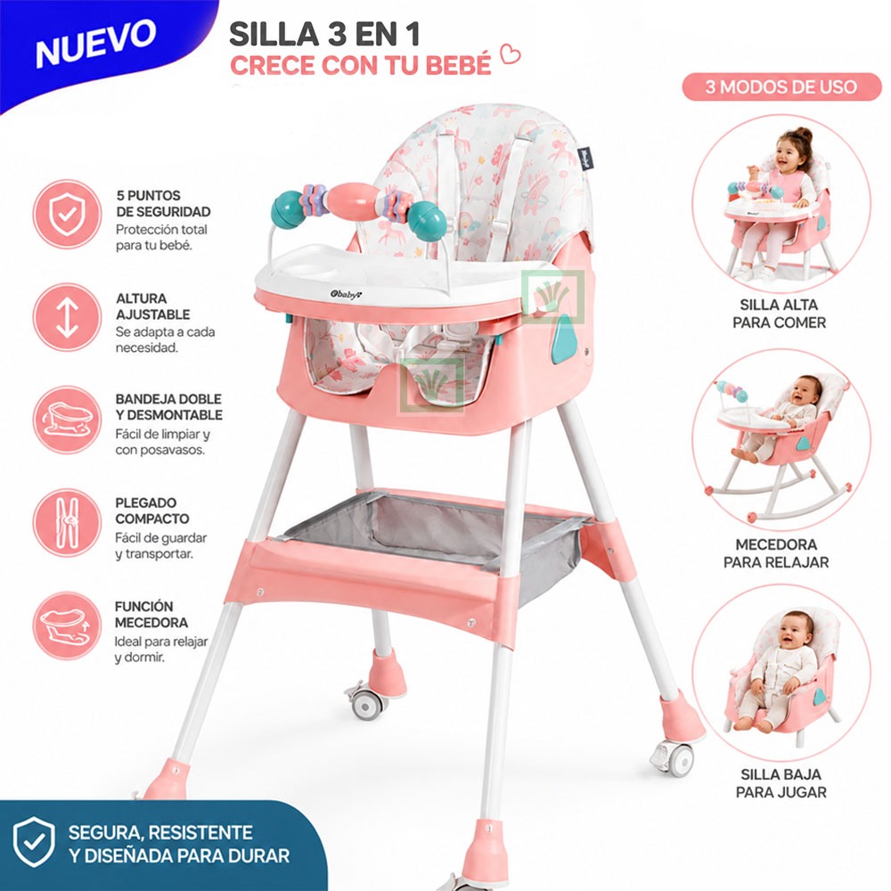 SILLA DE COMER EBABY ASIENTO RECLINABLE DALI ROSA - MELÓN CON RUEDAS - 1