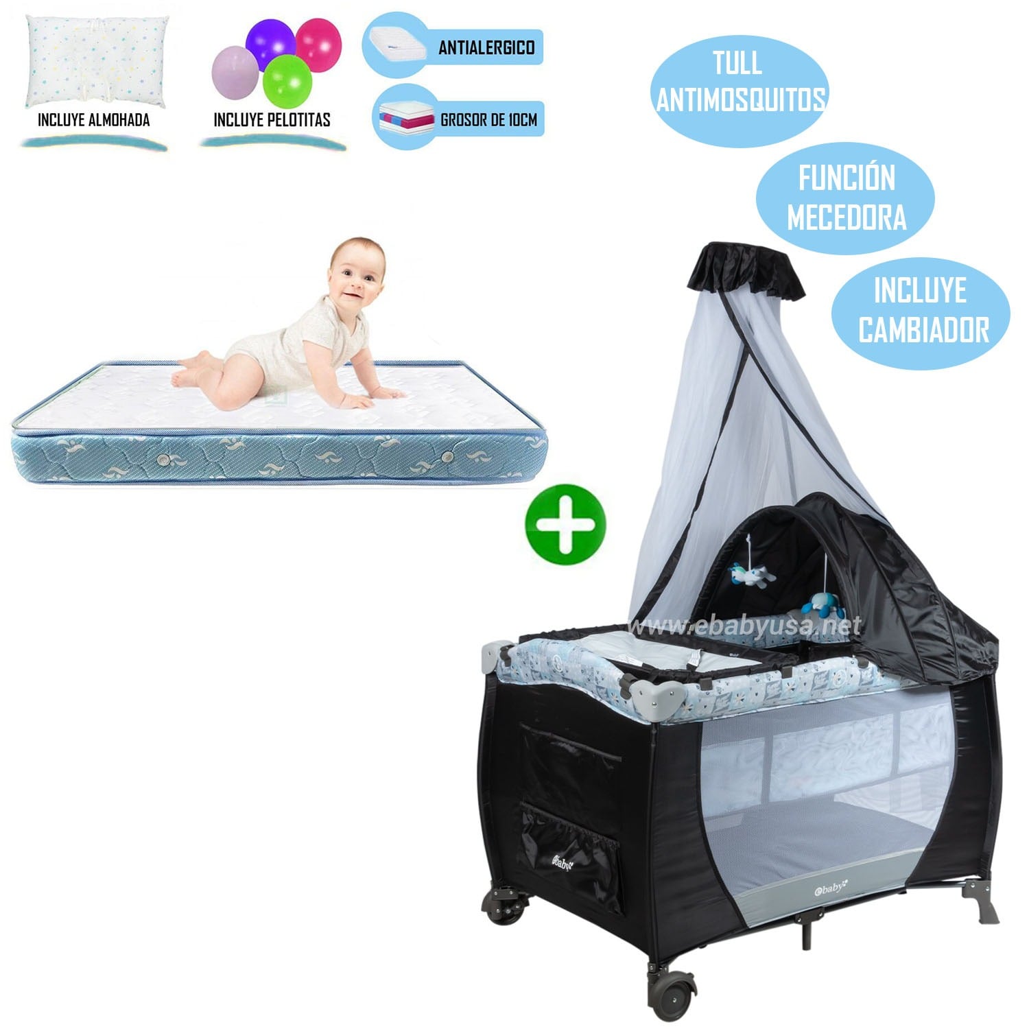 CUNA CORRAL MECEDORA 716 + COLCHÓN CELESTE - 1