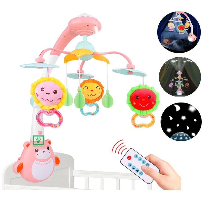MOVIL PARA CUNA CON PROYECTOR LUCES Y CONTROL ROSADO - 1