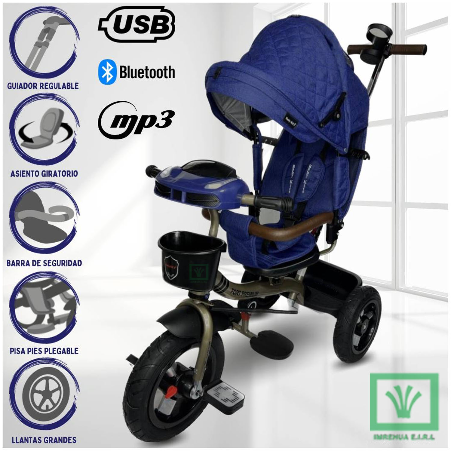 TRICICLO GUIADOR 3 EN 1 «FORT PREMIUM» USB AZUL - 1