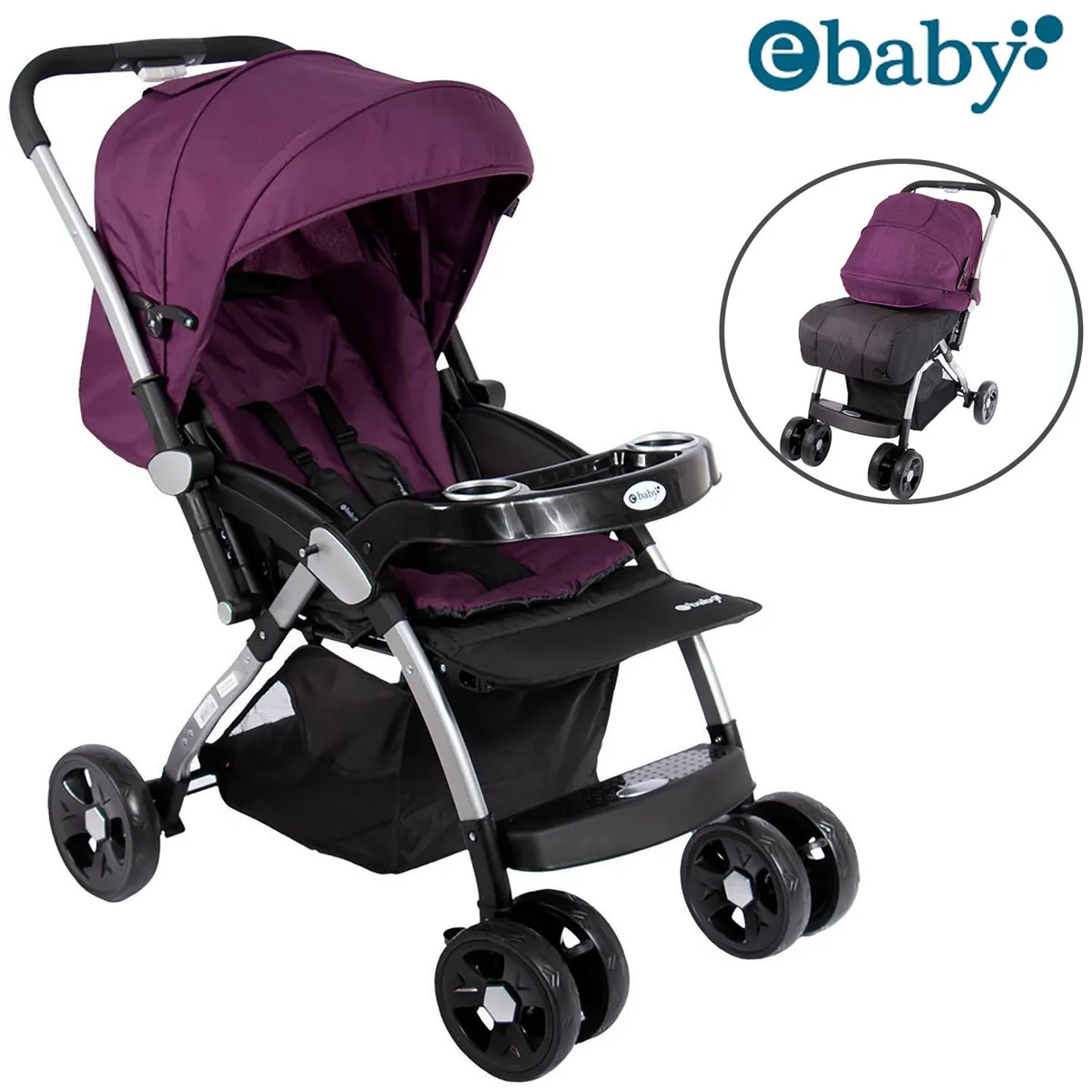 COCHE DE PASEO EBABY KUPER MANGO REVERSIBLE MORADO - 1