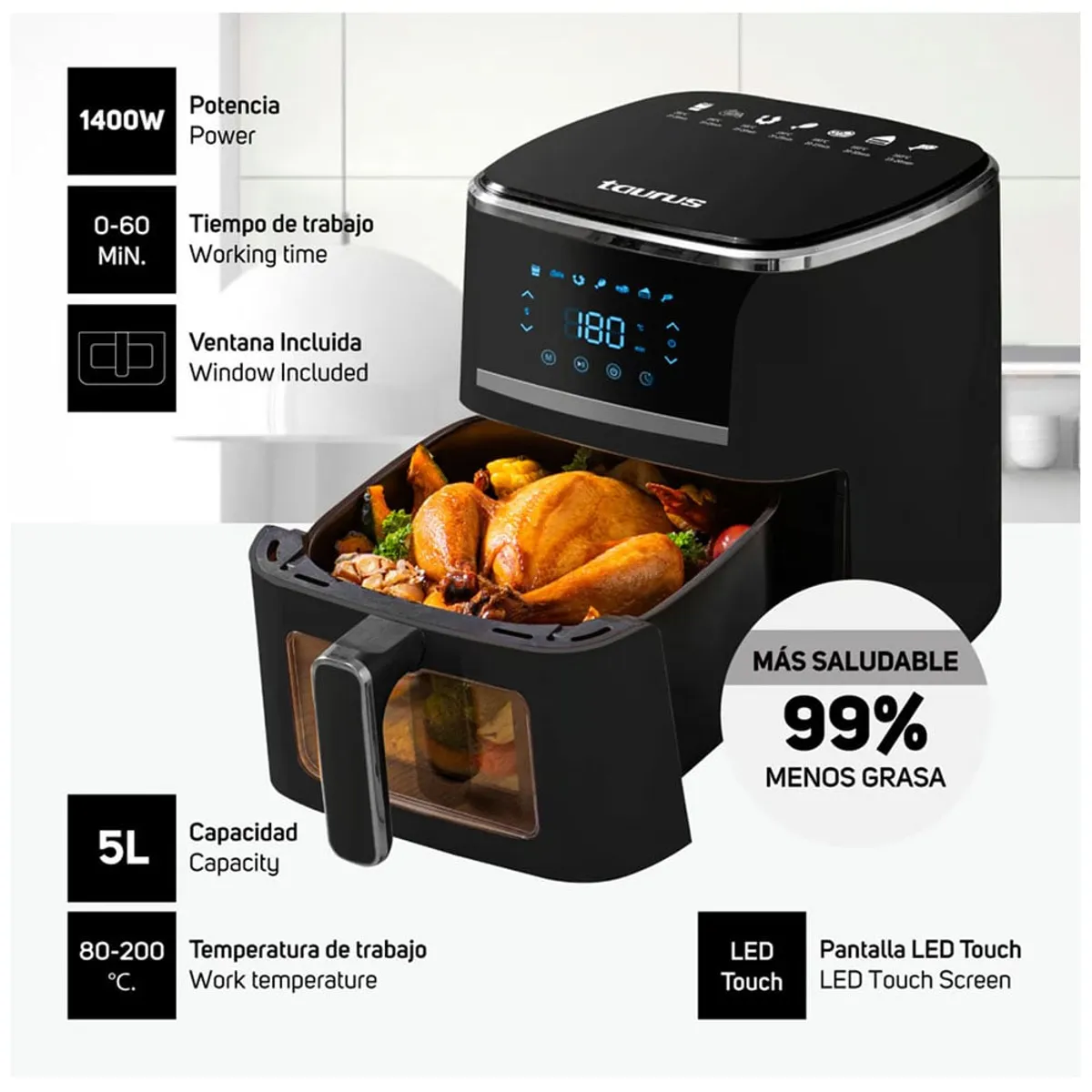 FREIDORA DE AIRE TAURUS SILVER FRYER 5L 1400W - 1