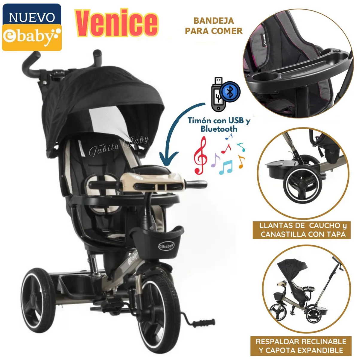 TRICICLO GUIADOR PARA NIÑOS USB Y BLUETOOH VENICE NEGRO - 1