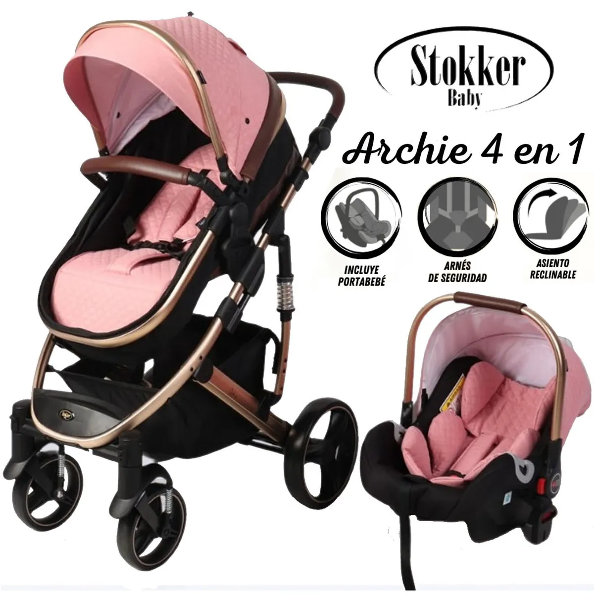 COCHE MOISES DE LUJO 4 EN1 CON PORTA BEBÉ STOKKER BABY ROSA - 1