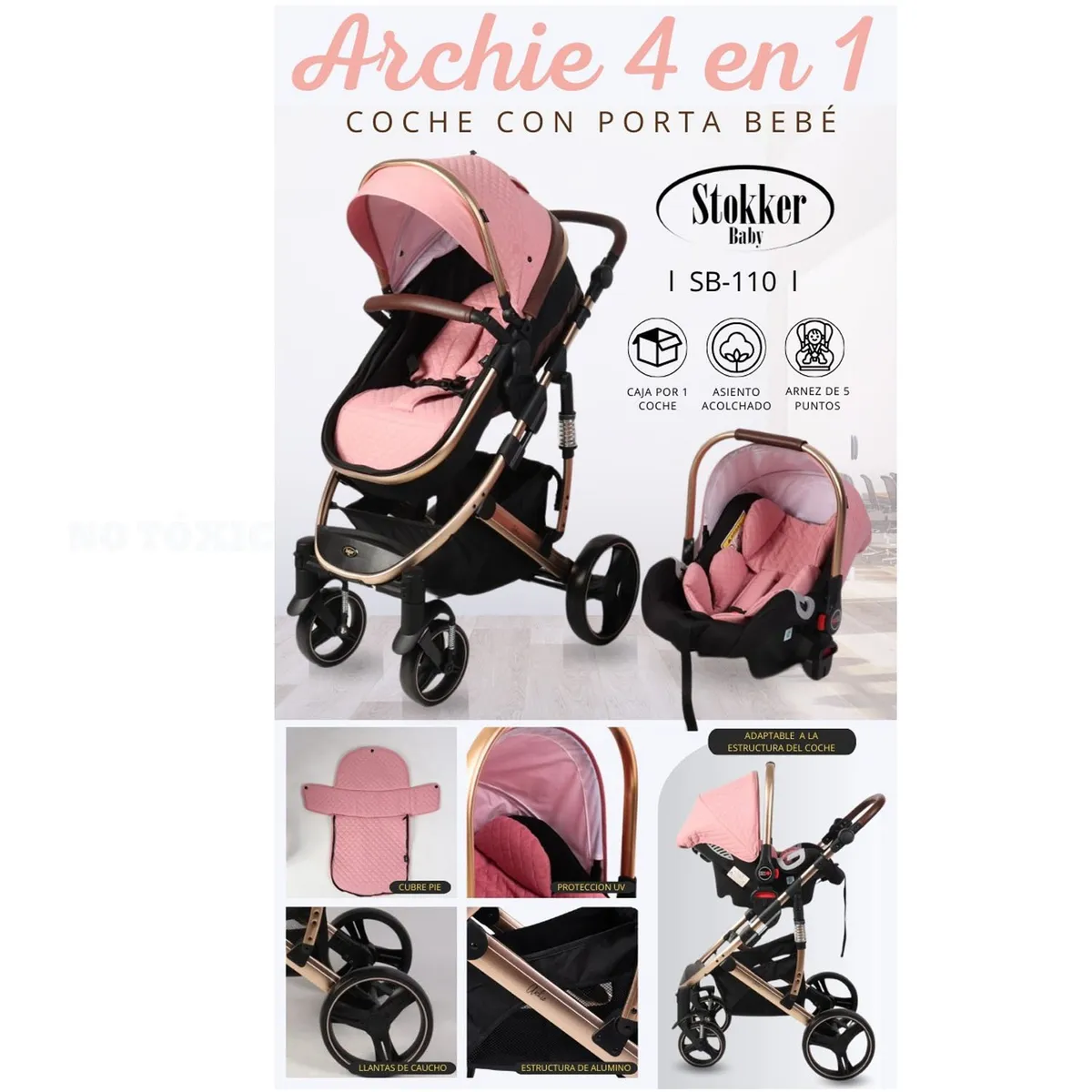 COCHE MOISES DE LUJO 4 EN1 CON PORTA BEBÉ STOKKER BABY ROSA - 6