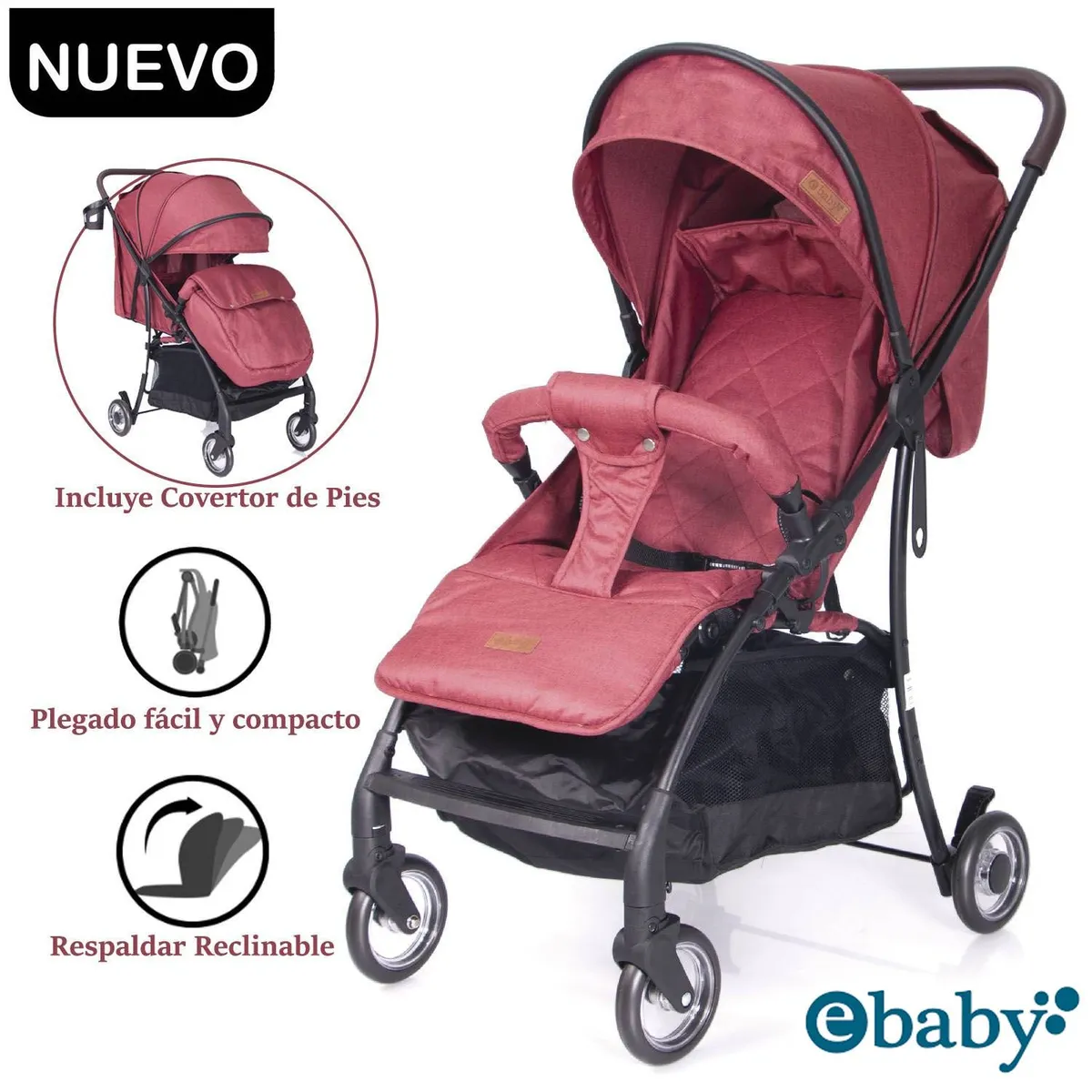 COCHE DE PASEO EBABY RESPALDAR RECLINABLE BOOZ ROJO - 1