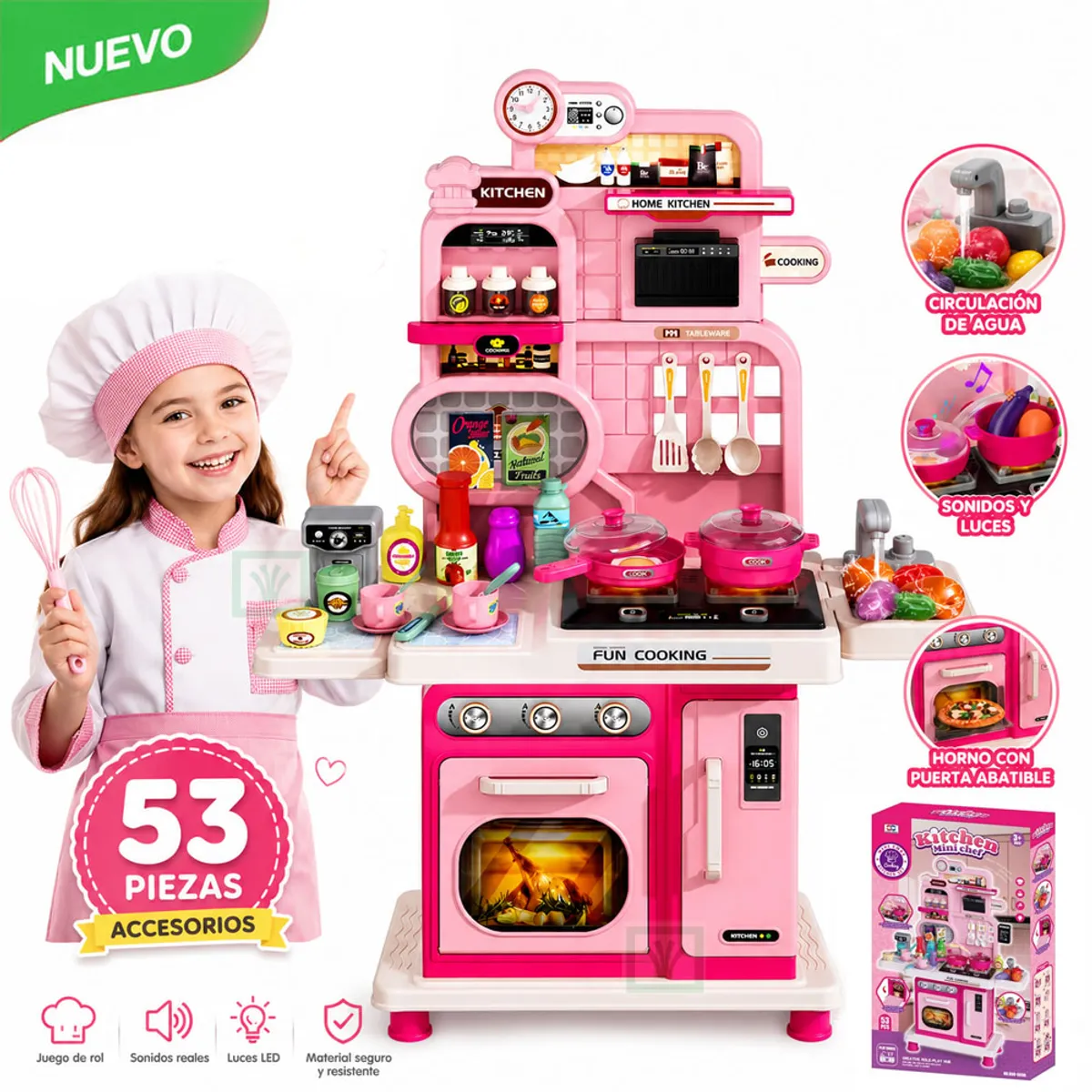 JUGUETE COCINA INTERACTIVA ROSADO 53 PIEZAS CON SONIDOS LUCES Y AGUA - 1