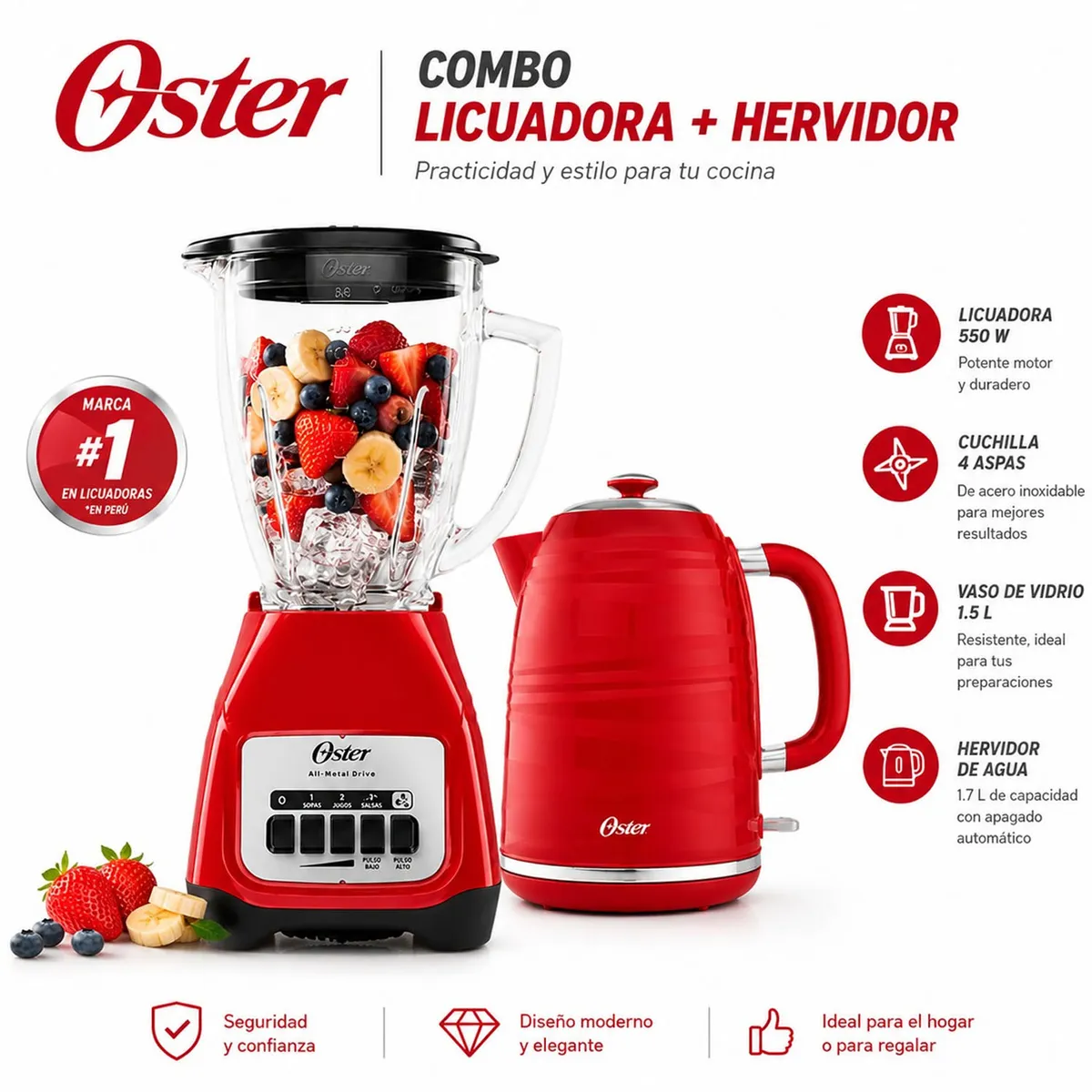 COMBO OSTER LICUADORA 2 VELOCIDADES BLSTKAG-RPB + HERVIDOR 1.7LT. - 1