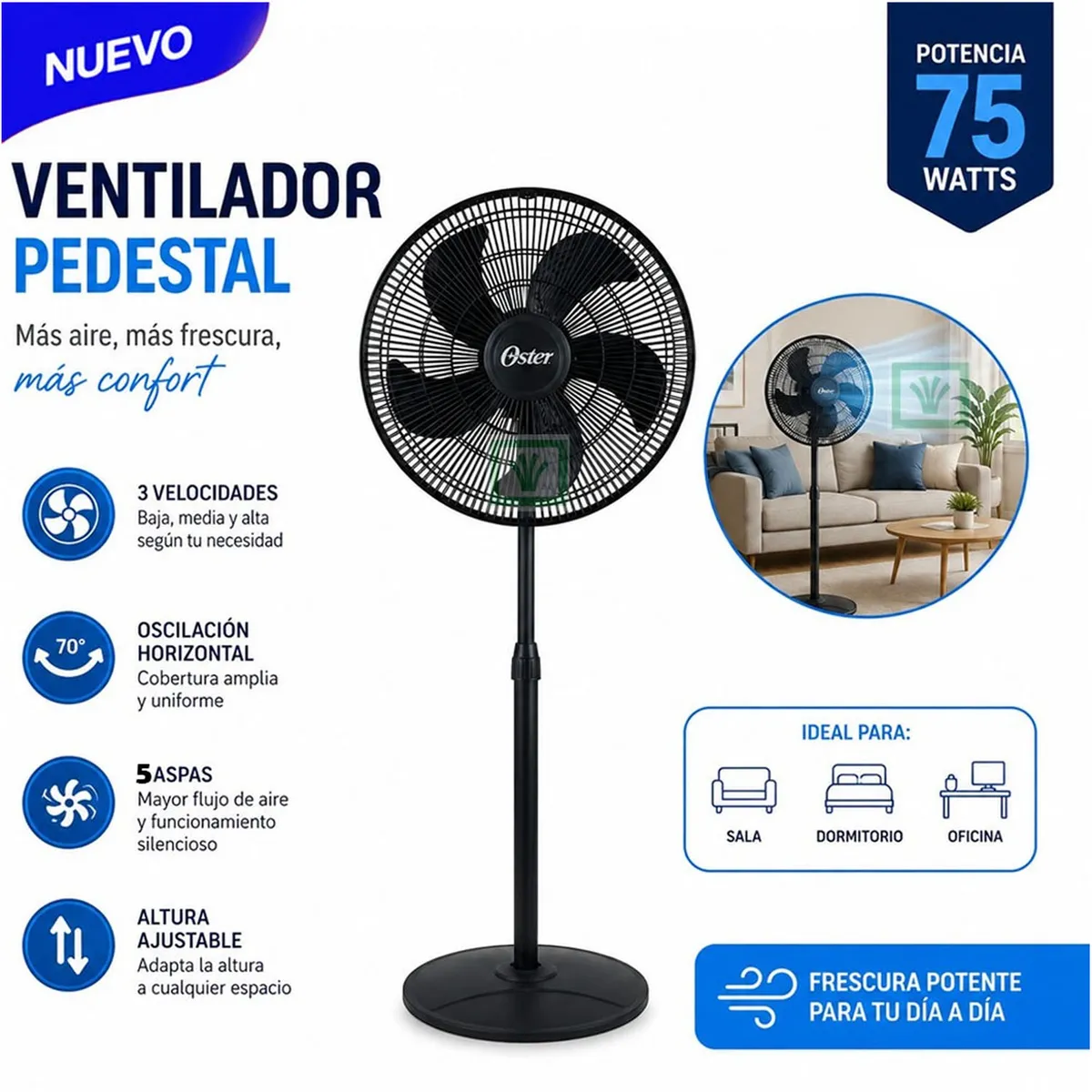 VENTILADOR OSTER DE PEDESTAL 18' 75 WATTS 3 VELOCIDADES EOSVELIST1631 - 1
