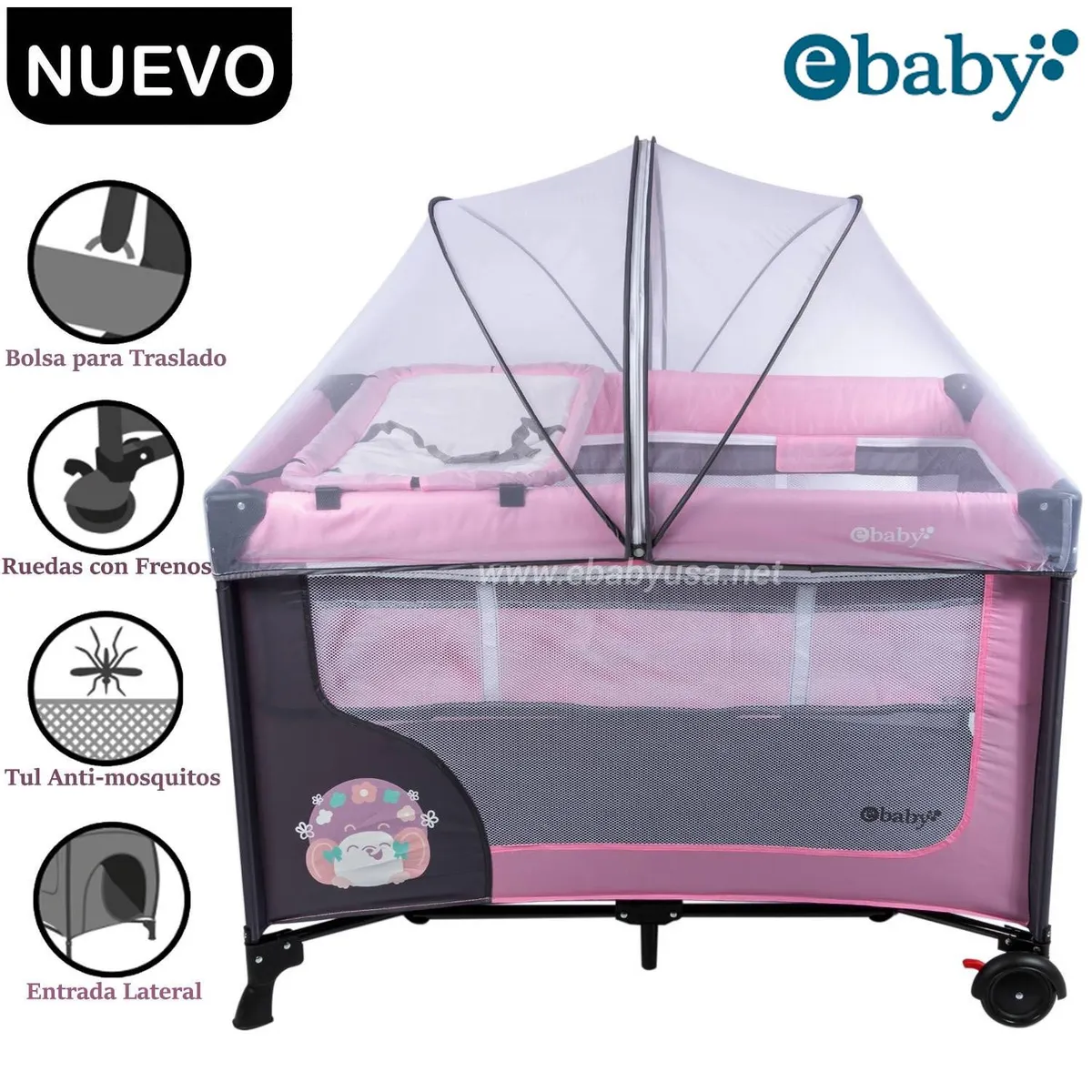 CUNA CORRAL EBABY CON CAMBIADOR HAPPY DREAM ROSADO - 1