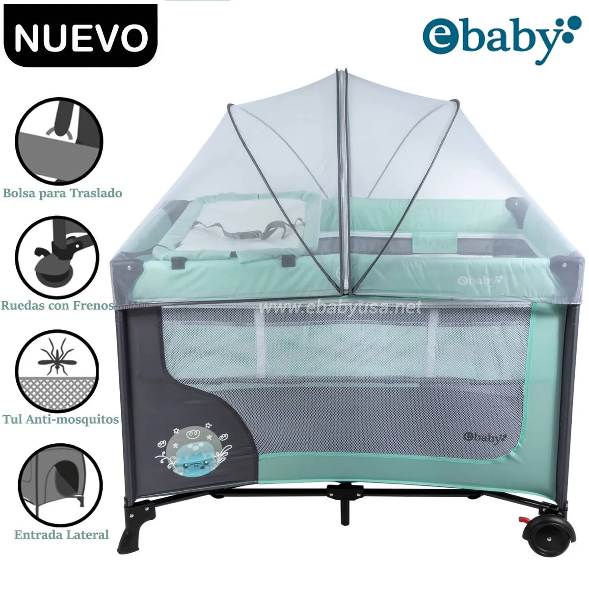 CUNA CORRAL EBABY CON CAMBIADOR HAPPY DREAM VERDE - 1