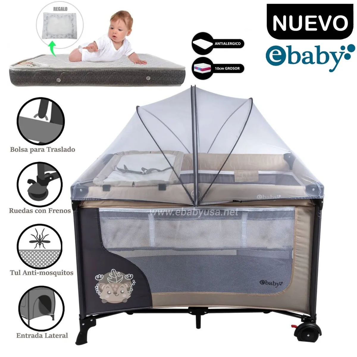 CUNA CORRAL EBABY CON CAMBIADOR HAPPY DREAM BEIGE + COLCHÓN - 1