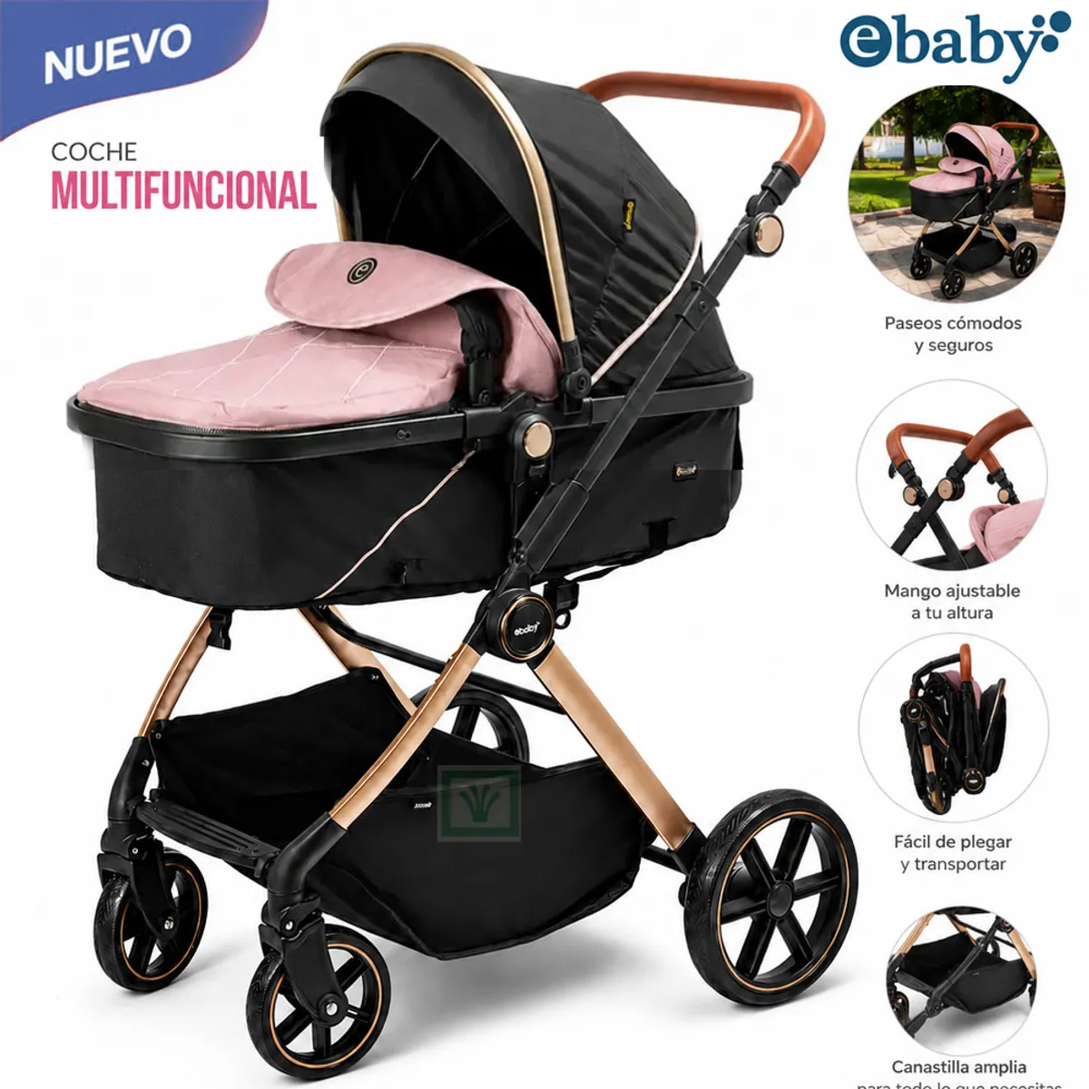 COCHE CUNA MOISÉS SIGNAL EBABY EB182 ROSADO - 1