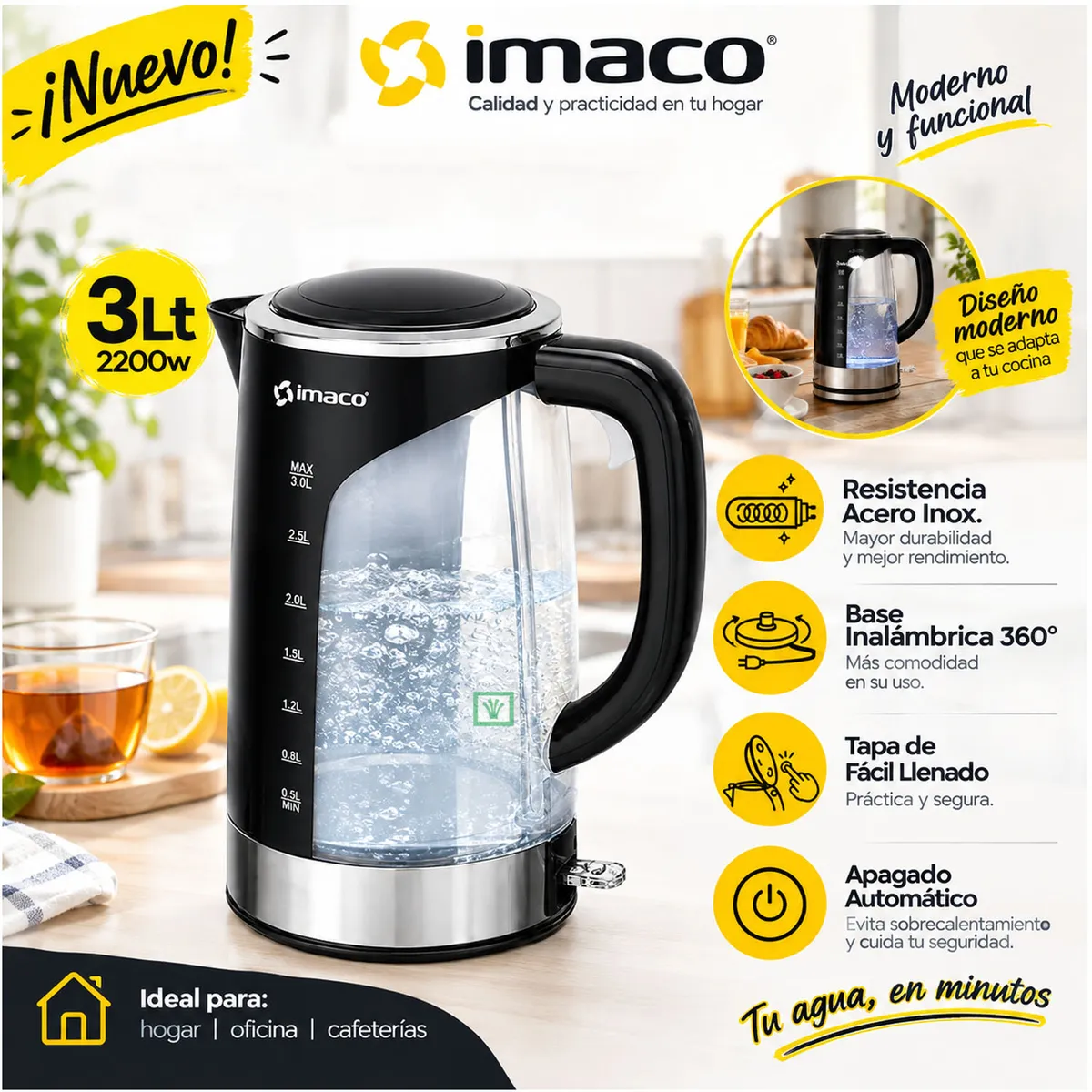 HERVIDOR ELÉCTRICO IMACO DE 3 LT DE 2200W - KE3000 - 1