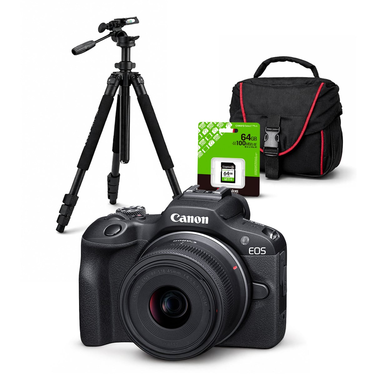 CÁMARA CANON MIRRORLESS EOS R100 24.1MPX + LENTE RF S 18-45MM F/4.5-6.3 IS STM + KIT DELUXE - 1