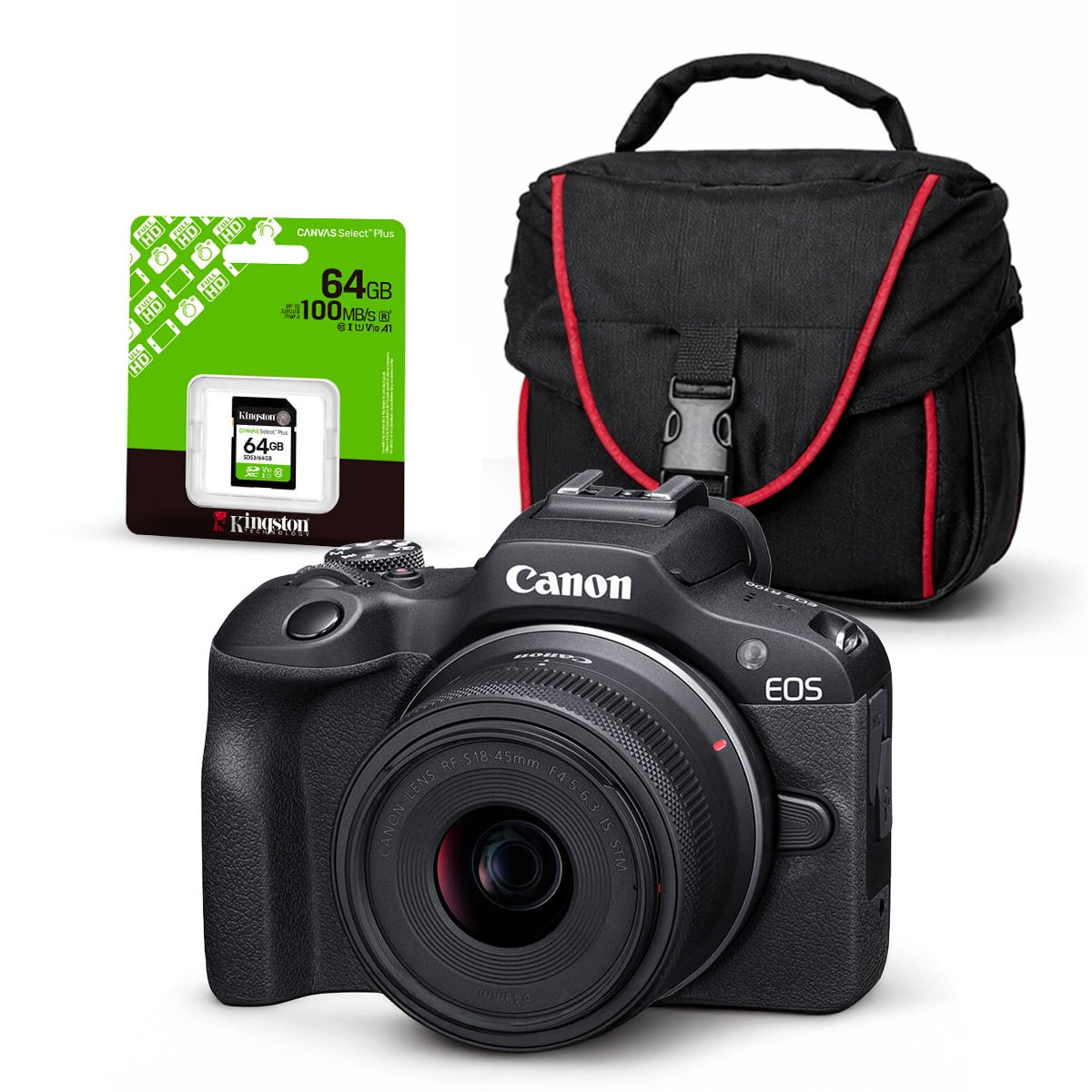 CÁMARA CANON MIRRORLESS EOS R100 24.1MPX + LENTE RF S 18-45MM F/4.5-6.3 IS STM + KIT BÁSICO - 1