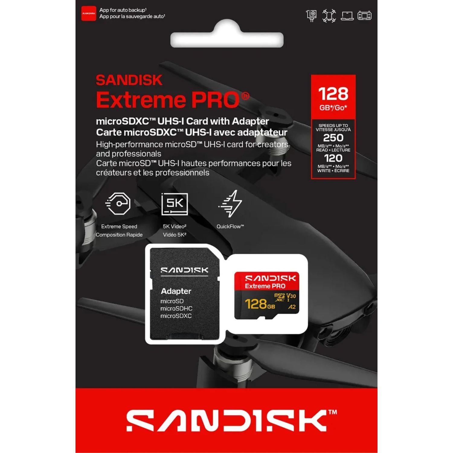 Memoria MicroSD SanDisk Extreme PRO 128GB V30 U3 UHS-I A2 R:250MB/s 4K con adaptador SD - 1