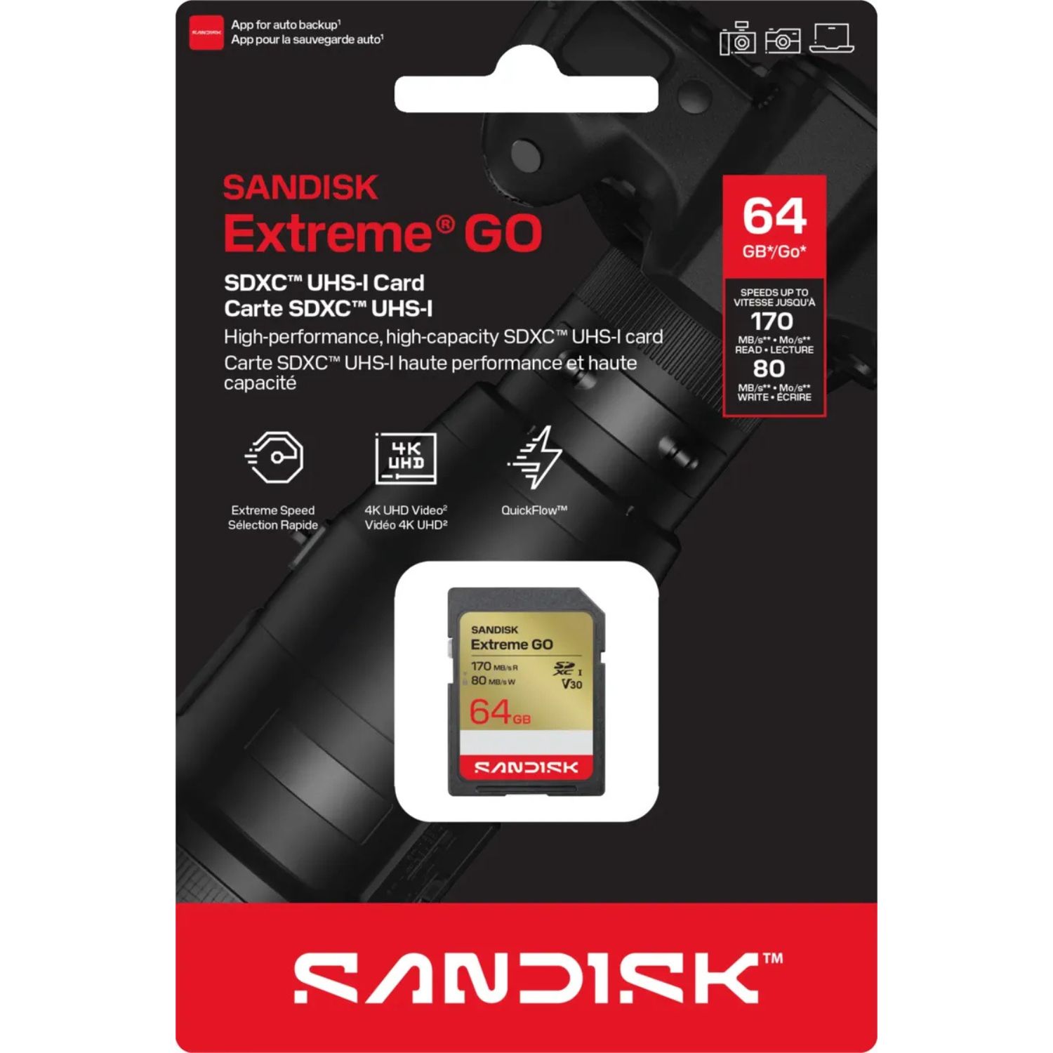 MEMORIA SD SANDISK EXTREME GO 64GB V30 U3 UHS-I R:170MB/S 4K - 3