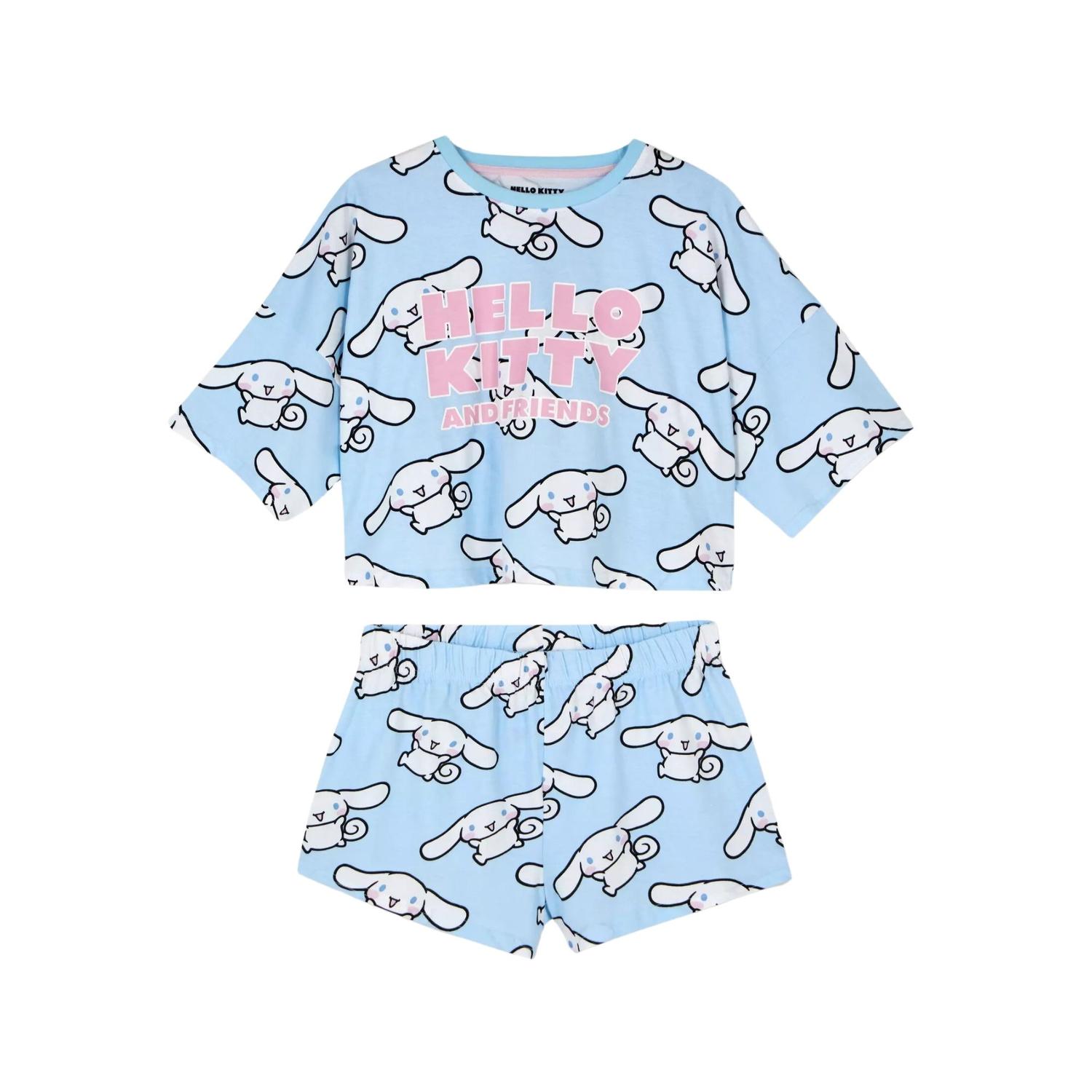PIJAMA ALGODÓN MUJER SANRIO CELESTE 991114823505 HELLO KITTY Y FRIENDS CINNAMONROLL 2 PIEZAS - 1