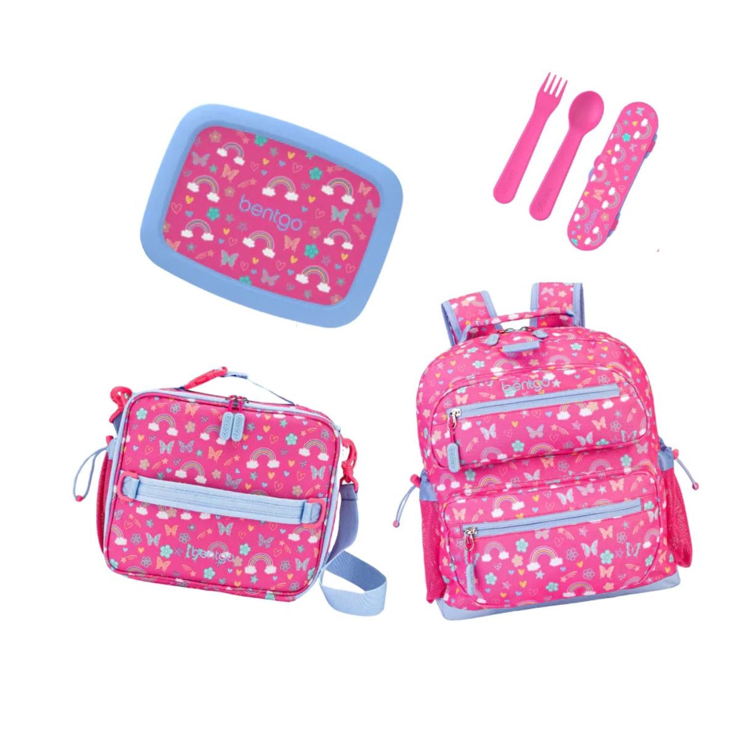 SET BENTGO ARCOIRIS Y MARIPOSAS PLASTICO ROSADO MOCHILA ESCOLAR LONCHERA PORTA LONCHERA Y CUBIERTOS MARIPOSAS - 1