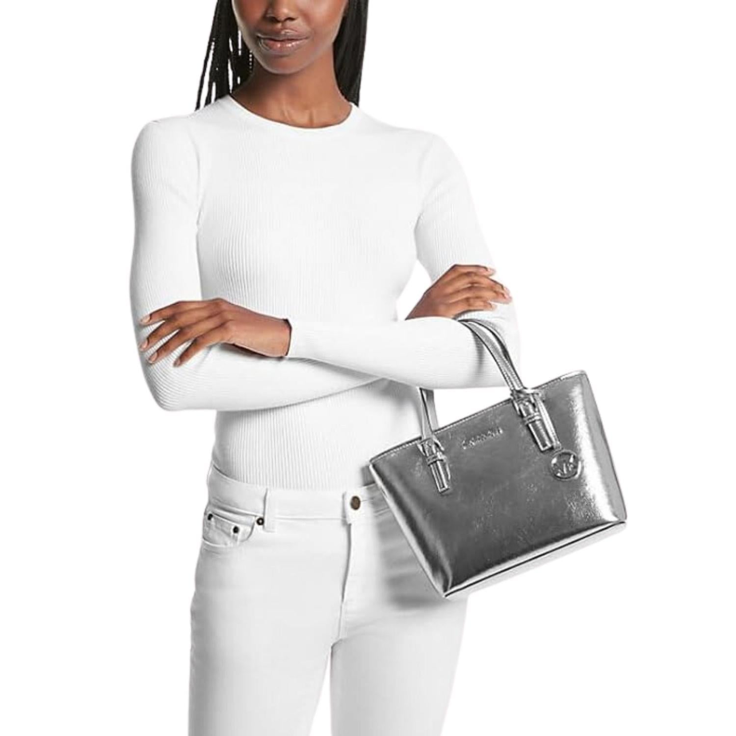 CARTERA DOBLE ASA MICHAEL KORS XS METALLIC TOP-ZIP TOTE BAG - PLATEADO TAMAÑO TALLA ÚNICA - 4