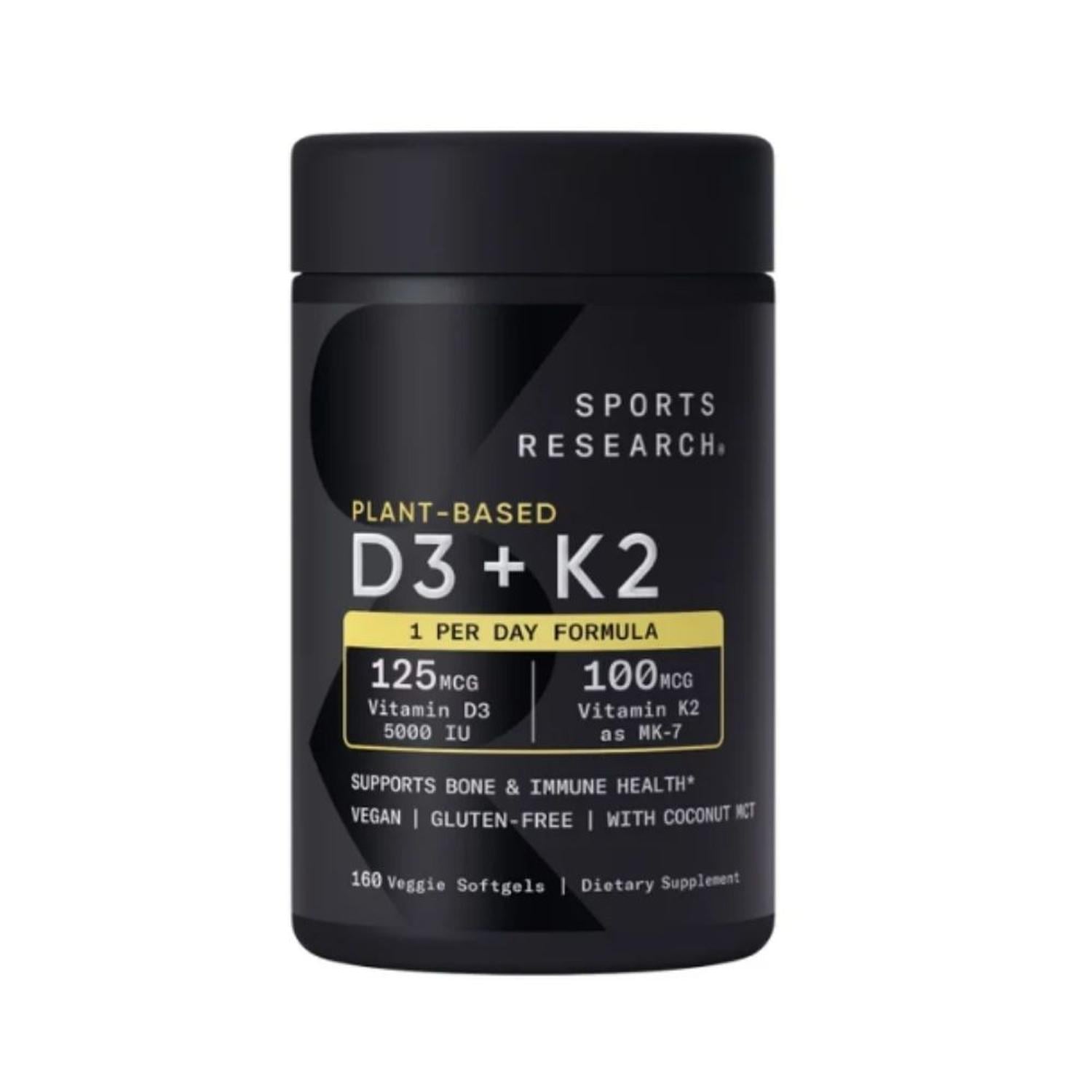 VITAMINA D3 + K2 SPORTS RESEARCH - 160 CÁPSULAS BLANDAS VEGETALES NEGRO - 1