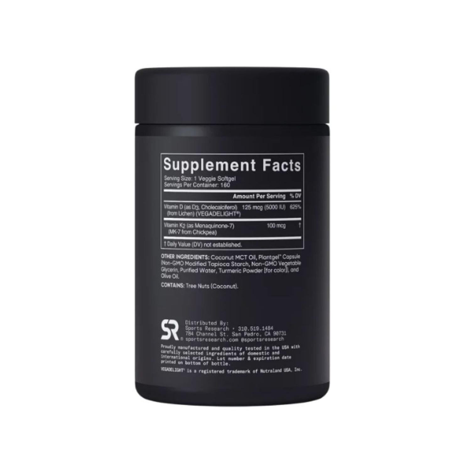VITAMINA D3 + K2 SPORTS RESEARCH - 160 CÁPSULAS BLANDAS VEGETALES NEGRO - 2