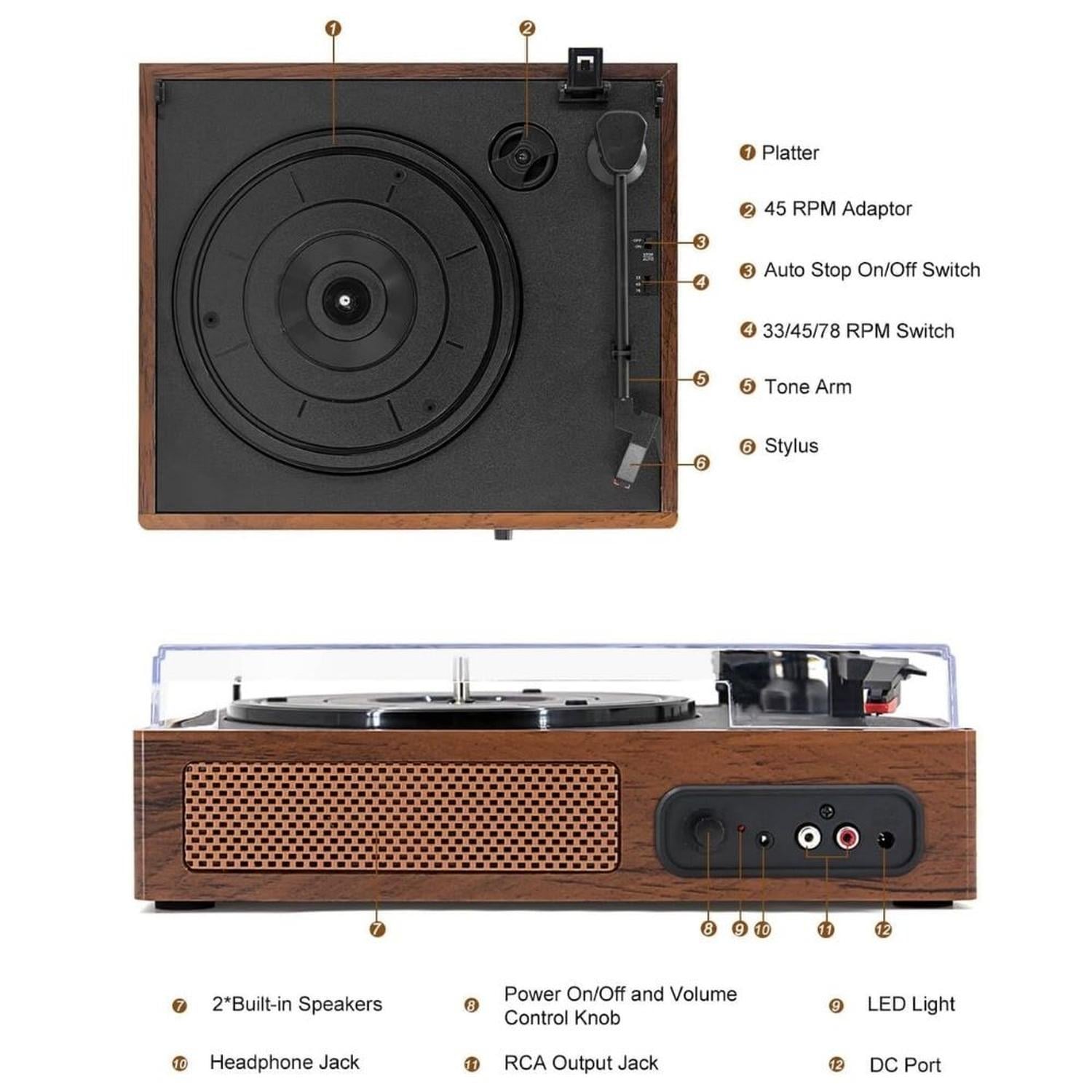 TOCADISCOS DE VINILO CON PLATO GIRATORIO DE TRANSMISIÓN POR CORREA Y 2 ALTAVOCES INTEGRADOS - 6