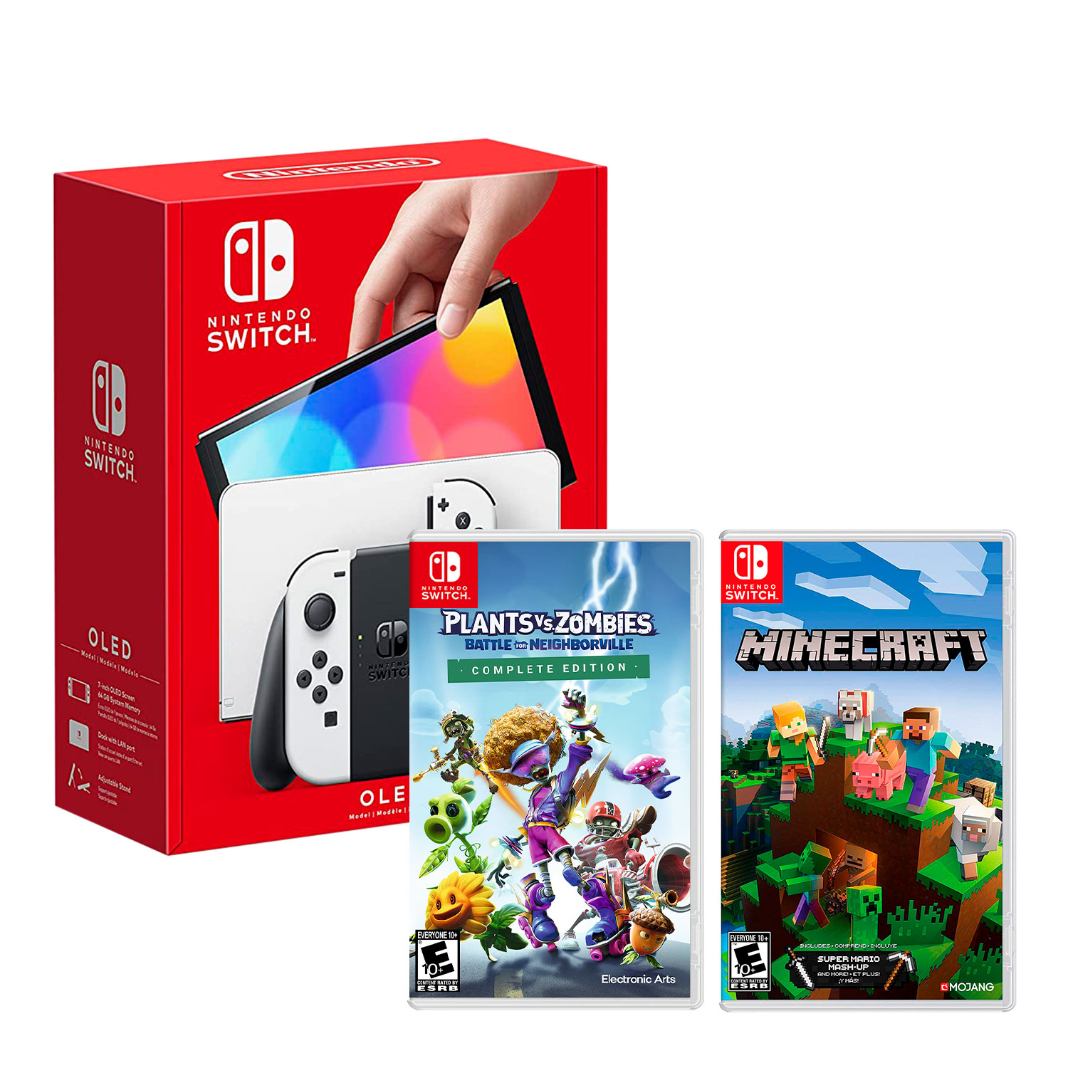 CONSOLA NINTENDO SWITCH MODELO OLED BLANCO + PLANTS VS ZOMBIES NEIGHBORVILLE + MINECRAFT - 1