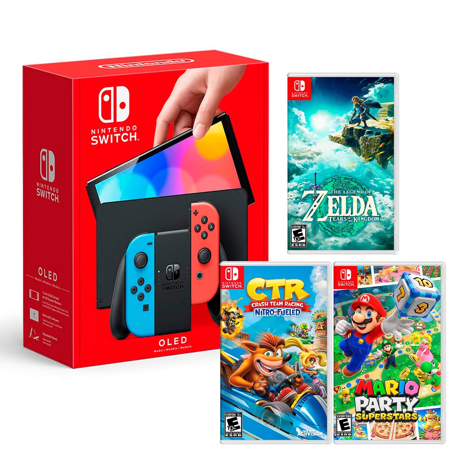 CONSOLA NINTENDO SWITCH MODELO OLED NEON + ZELDA TEARS OF THE KINGDOM + CRASH TEAM RACING + MARIO PARTY SUPERSTAR - 1