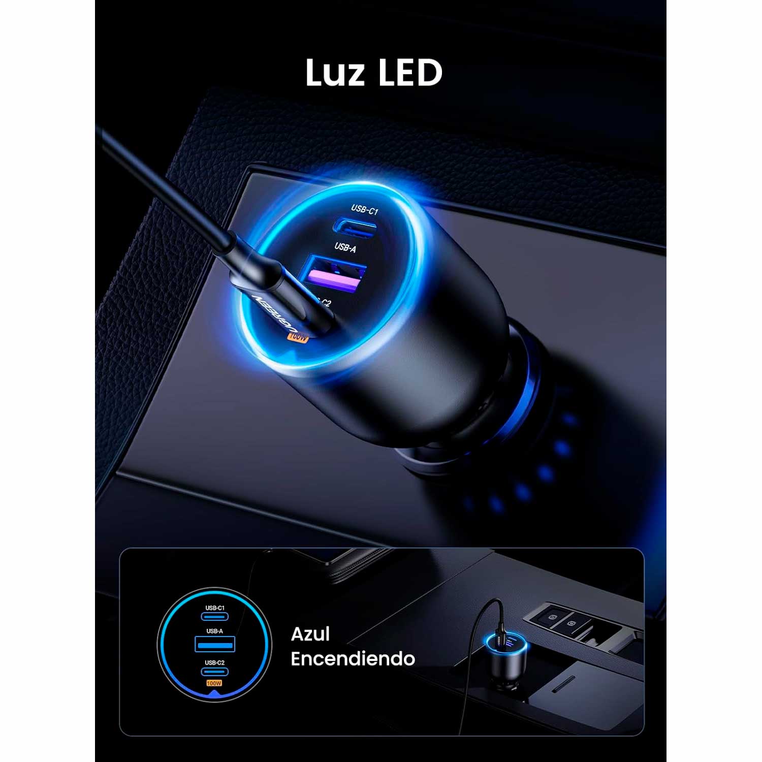 CARGADOR PARA AUTO UGREEN 130W 2 USB-C 1 USB-A EC705 35025 - 5