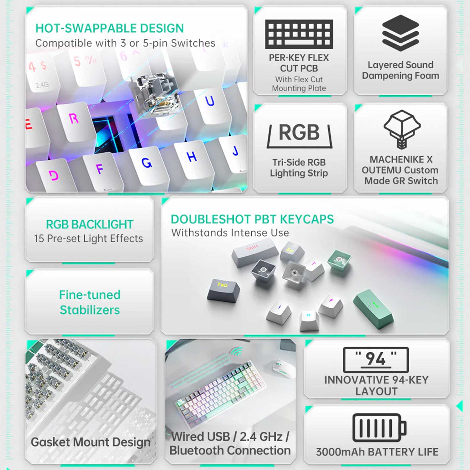 TECLADO GAMER MACHENIKE K500 PRO-B94 RGB TRI-MODO BT SP MECHANICAL GRAY - 5