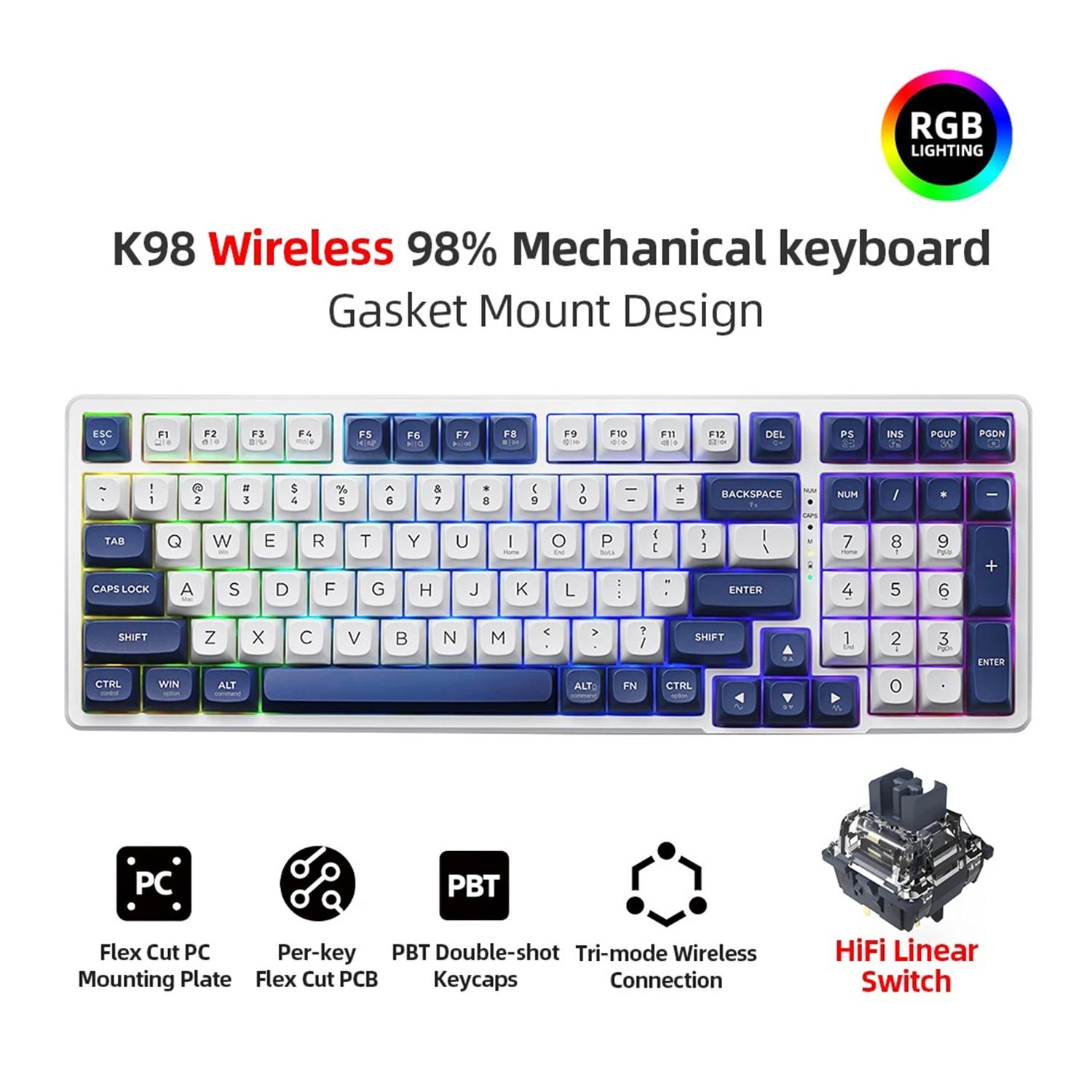 TECLADO GAMER THUNDEROBOT MECANICO CON CABLE K98 SP BLUE SWITCH OUTEMU RED LED-RGB - 2