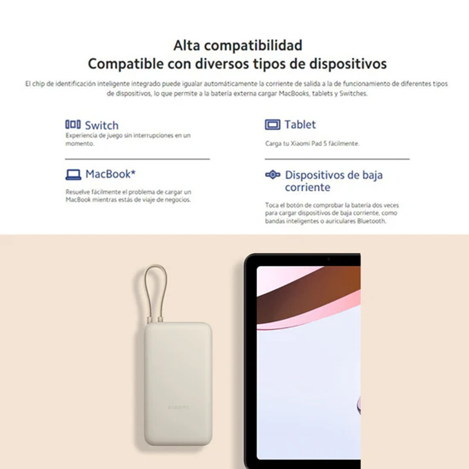 POWERBANK XIAOMI 20000MAH USB-C 33W CABLE INTEGRADO PB2030MI BLANCO - 4