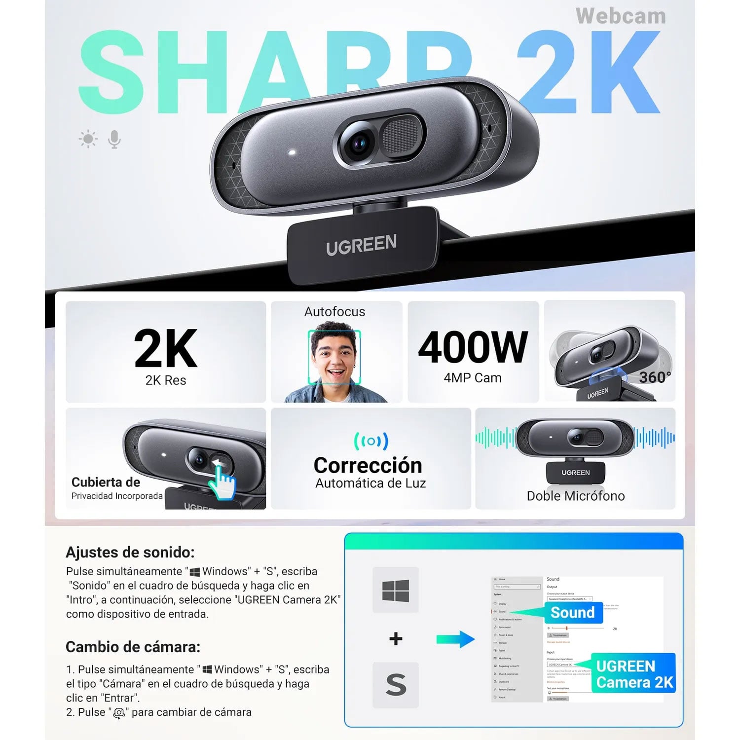 CAMARA USB UGREEN 2K 30FPS CM778 35626 BLACK - 3