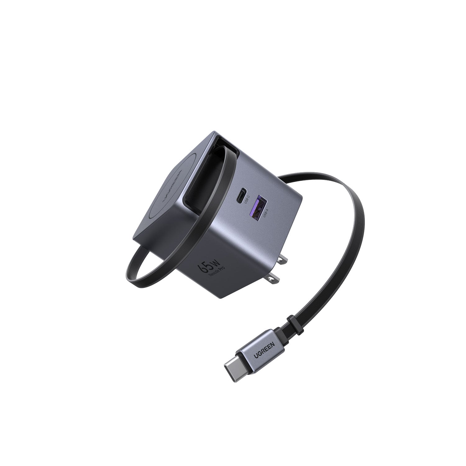 CARGADOR UGREEN 65W GAN CON CABLE RETRACTIL USB-C CARGA RAPIDA X615-65824 GRIS - 1