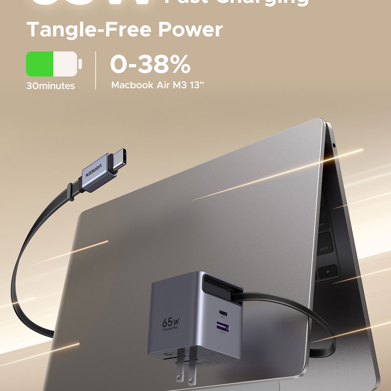 CARGADOR UGREEN 65W GAN CON CABLE RETRACTIL USB-C CARGA RAPIDA X615-65824 GRIS - 3