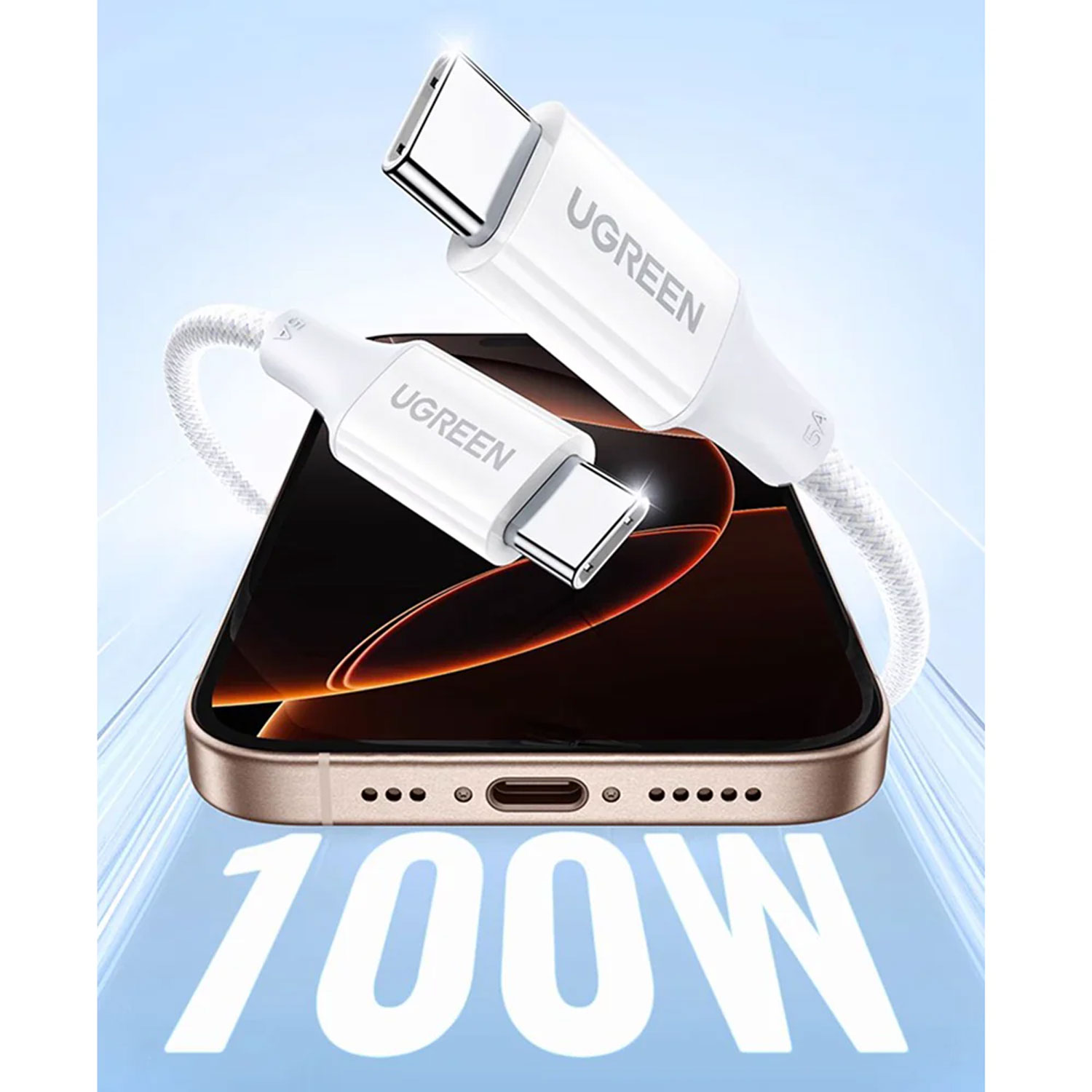 CABLE UGREEN USB-C A USB-C PD FAST CHARGING TRENZADO 2M 100W BLANCO L502 35221 - 2